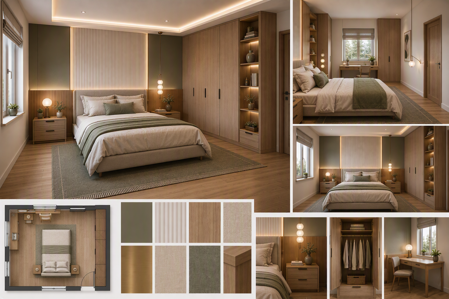 A modern, minimalist bedroom with warm wooden flooring and a large platform bed centered under a vertical slatted headboard wall — bedroom storage ideas reference 1