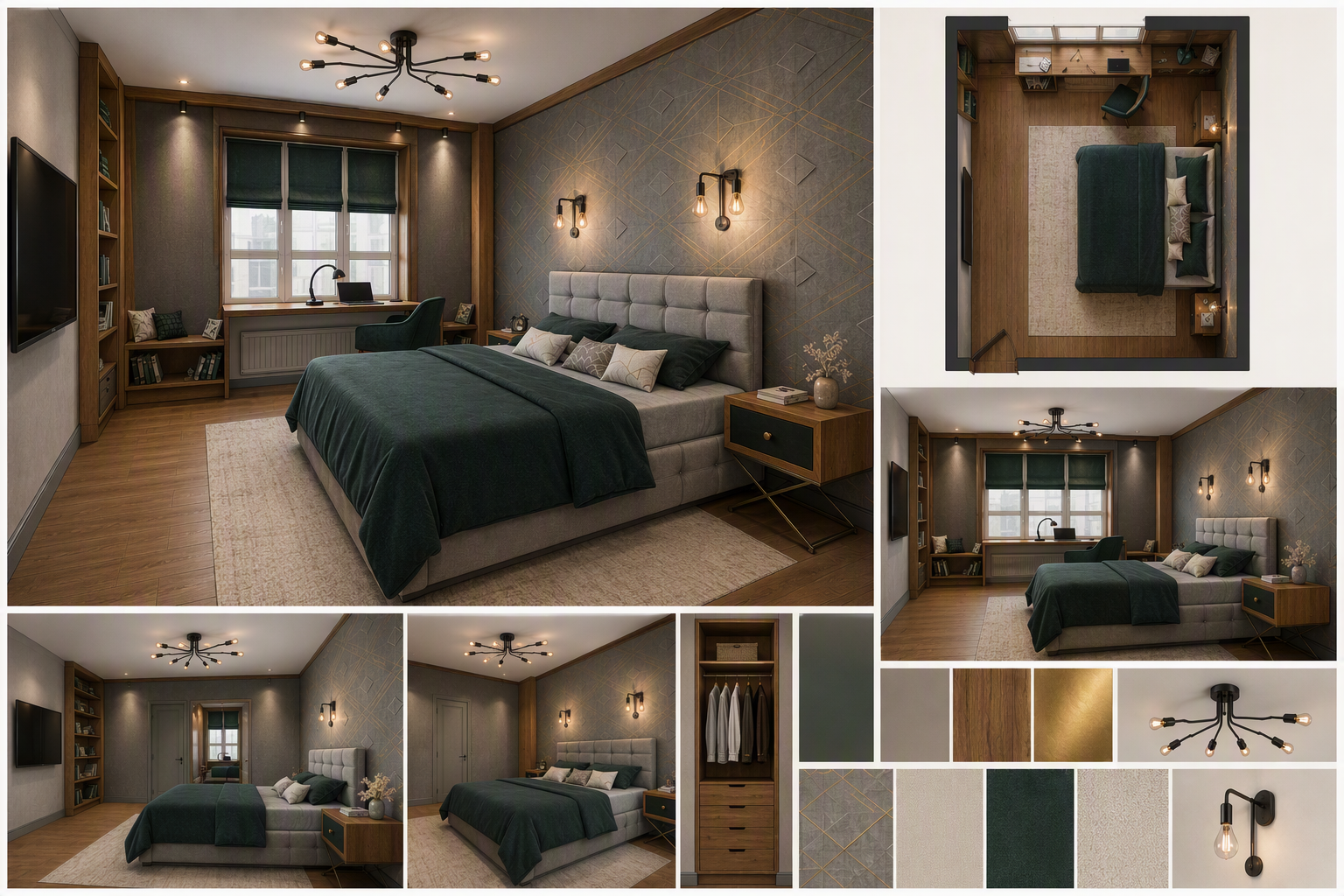 a modern luxury bedroom with a large bed featuring a tufted gray headboard and dark green bedding, set against a textured gray wall with geometric — boys bedroom ideas reference 3