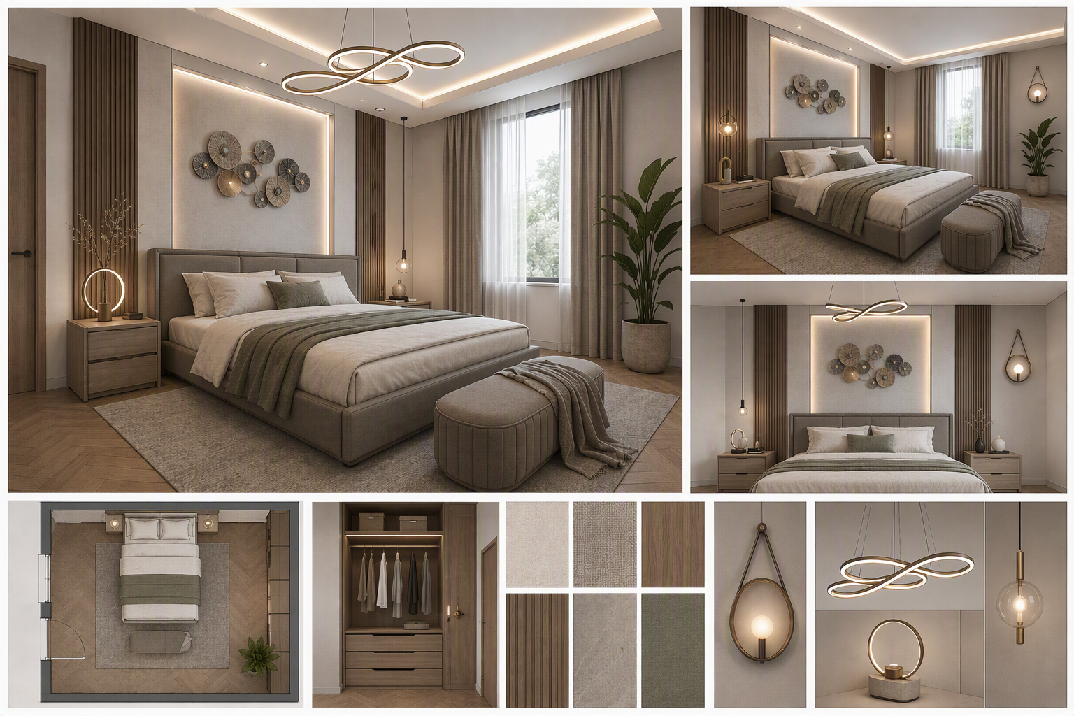 Modern minimalist bedroom interior design featuring a large bed with beige and green bedding, a floating bedside table with circular lamp, and a — cozy bedroom ideas reference 4