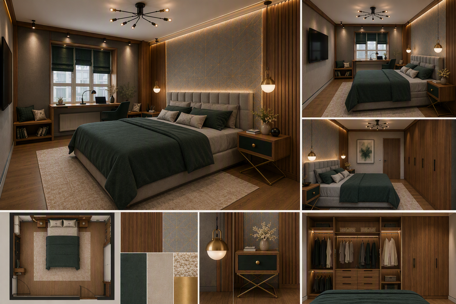 A modern luxury bedroom featuring a large bed with a tufted gray headboard and dark green bedding, set against a warm-toned wooden wall with vertical — modern bedroom ideas reference 3