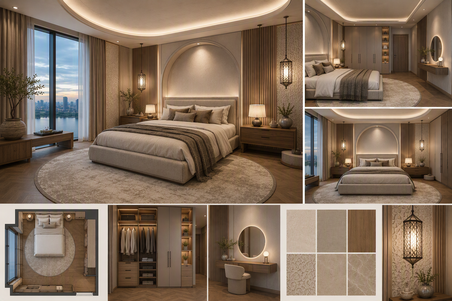 Modern luxury bedroom with curved ceiling and recessed lighting, large bed with beige bedding centered on a circular rug, floor-to-ceiling windows — cozy bedroom ideas reference 1