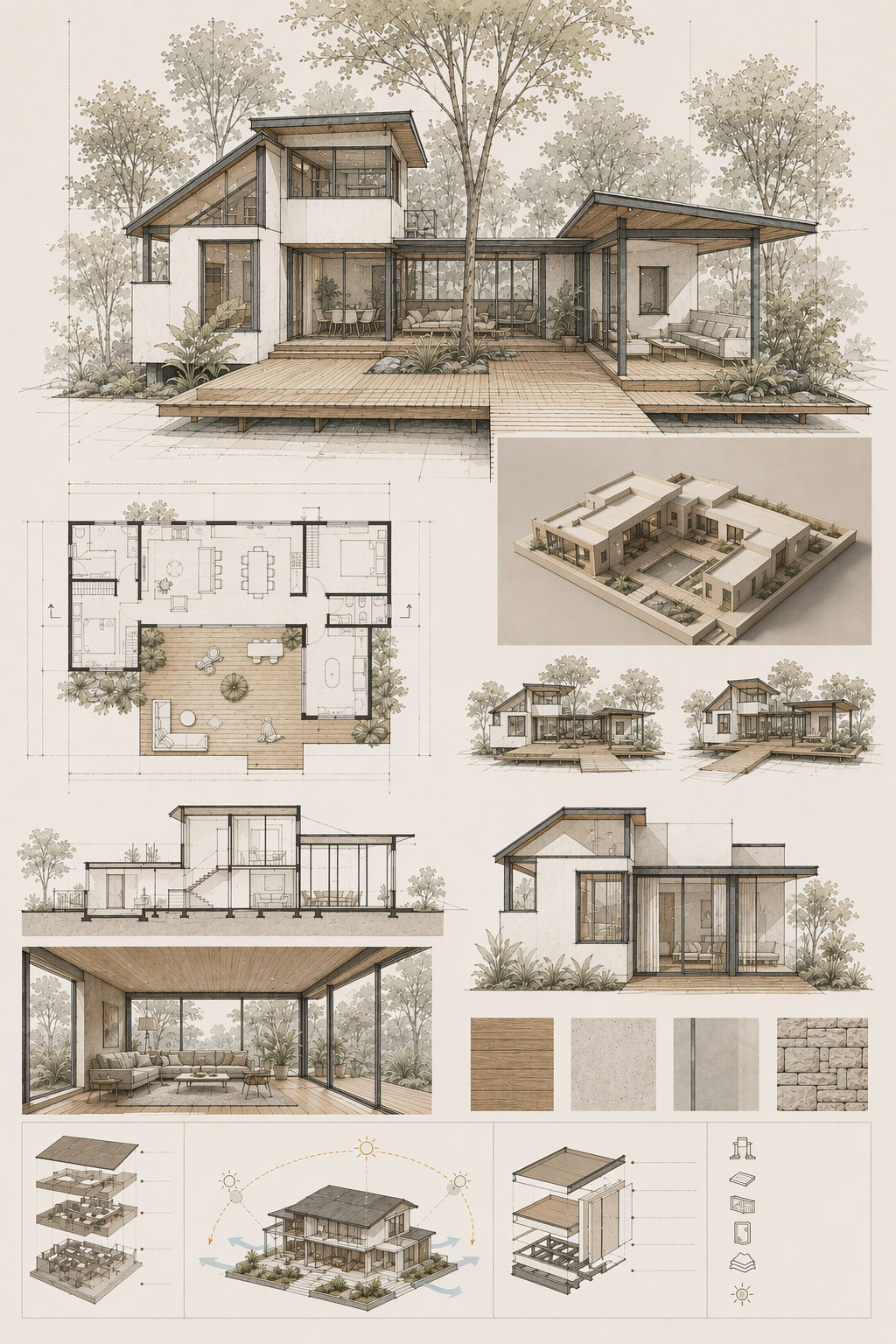 modern two-story house set in a forested landscape
