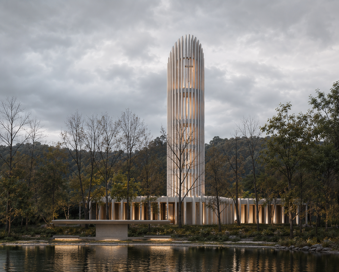 tall white modern building with a slender tower