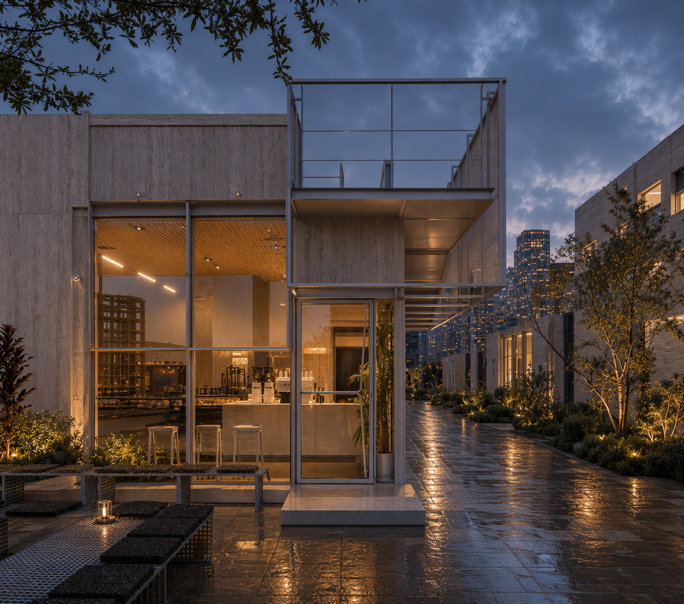 modern glass-walled house and landscaped exterior