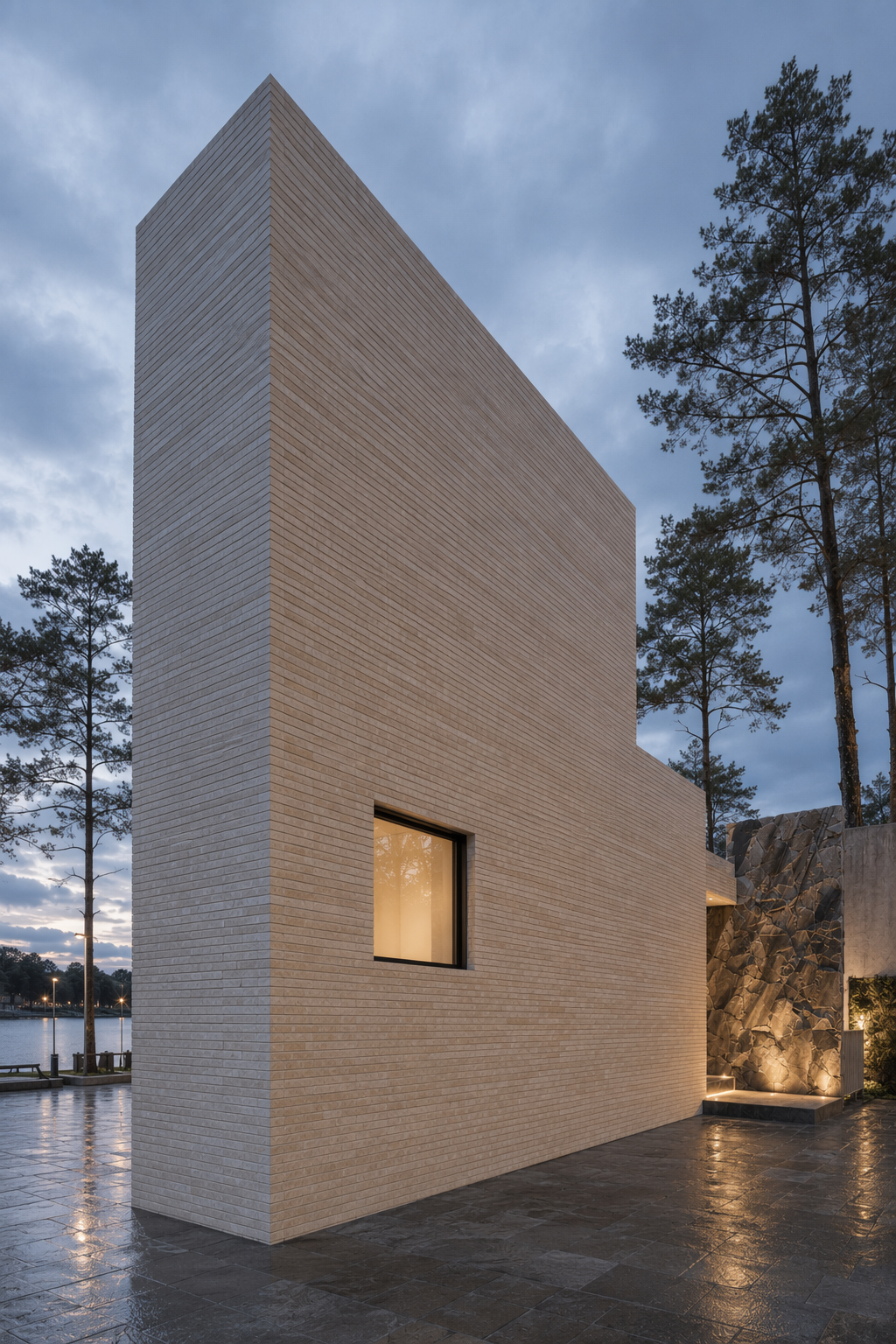 modern brick building with a tall rectangular facade