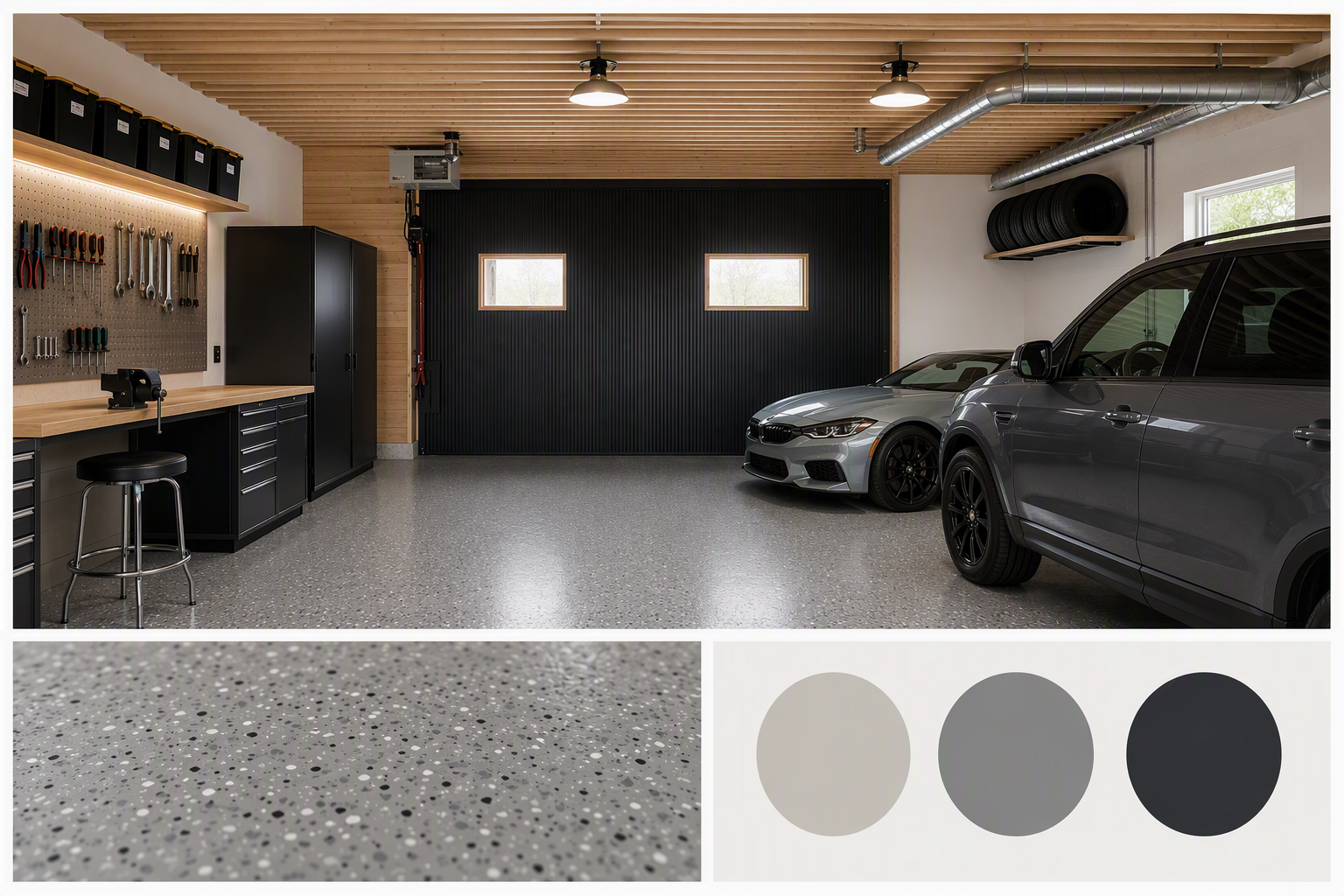 a modern, high-quality garage interior with a sleek design, featuring a polished gray epoxy floor with black and white speckles, two luxury cars — garage man cave ideas reference 3