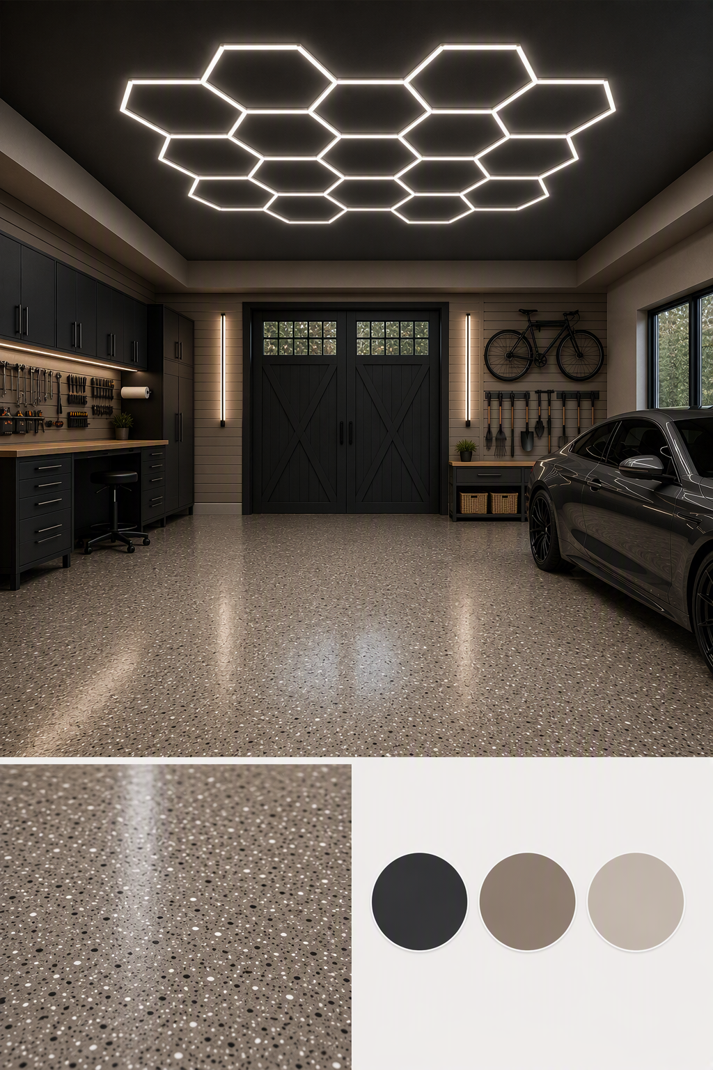 A modern, high-quality garage interior with a sleek black ceiling featuring a glowing hexagonal light fixture — garage gym ideas reference 3