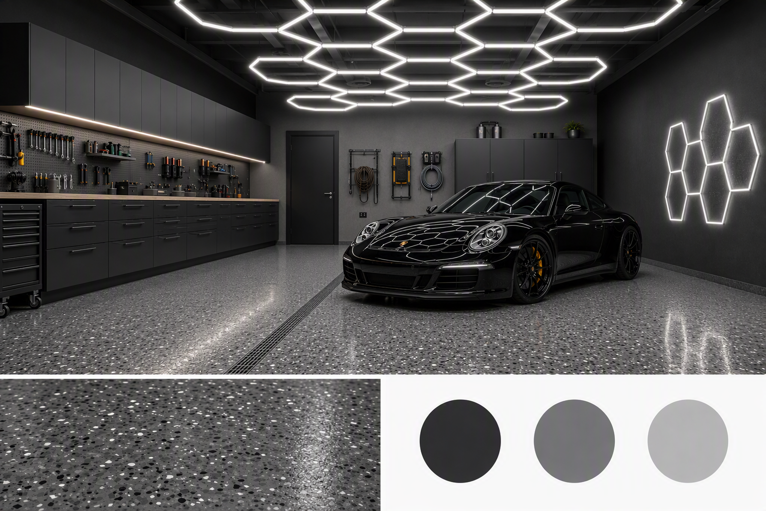 garage workshop ideas — garage clearly functioning as a workshop with bench, tool area and movement space visible