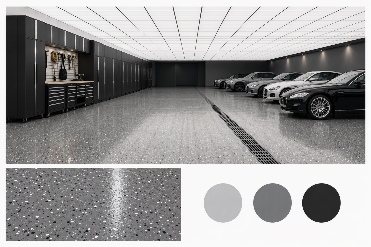 garage lighting ideas — garage interiors with clearly visible light placement over parking bays or work areas