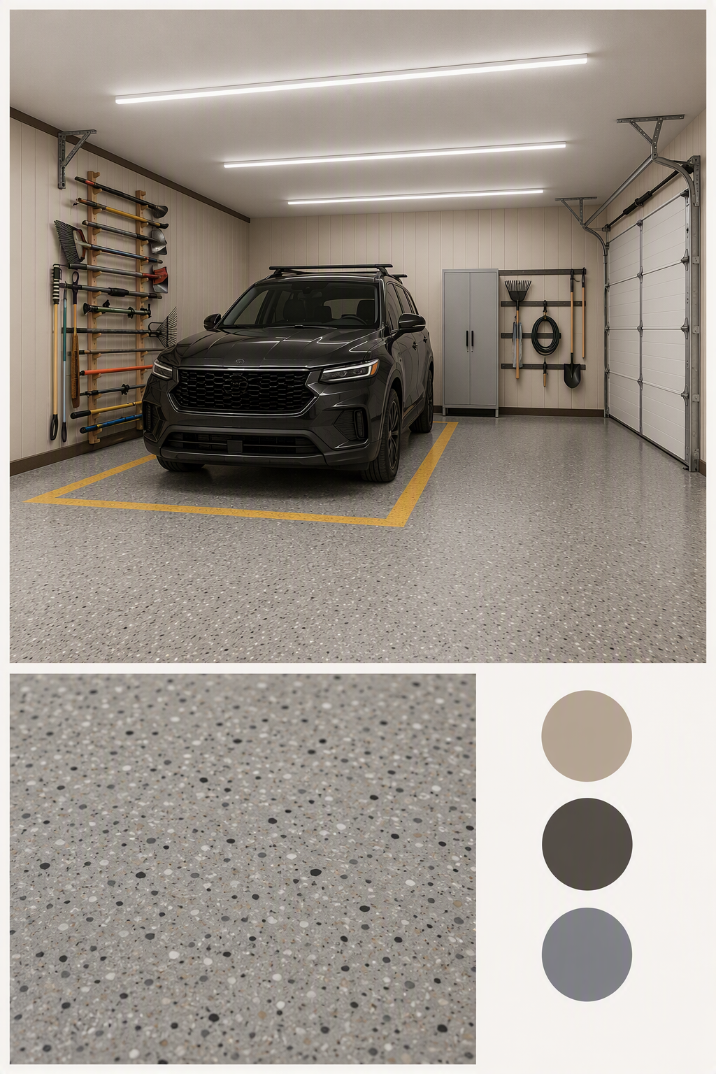 garage lighting ideas — garage interiors with clearly visible light placement over parking bays or work areas