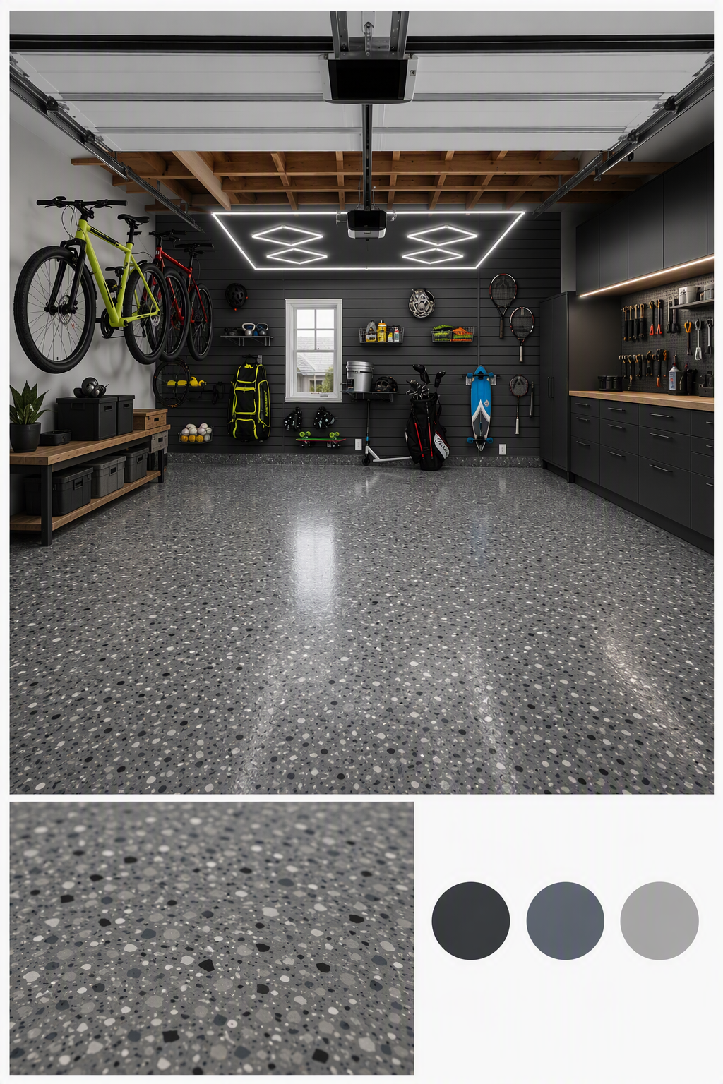 A high-quality, modern garage interior with a polished gray terrazzo floor featuring speckled black and white aggregate — garage gym ideas reference 1