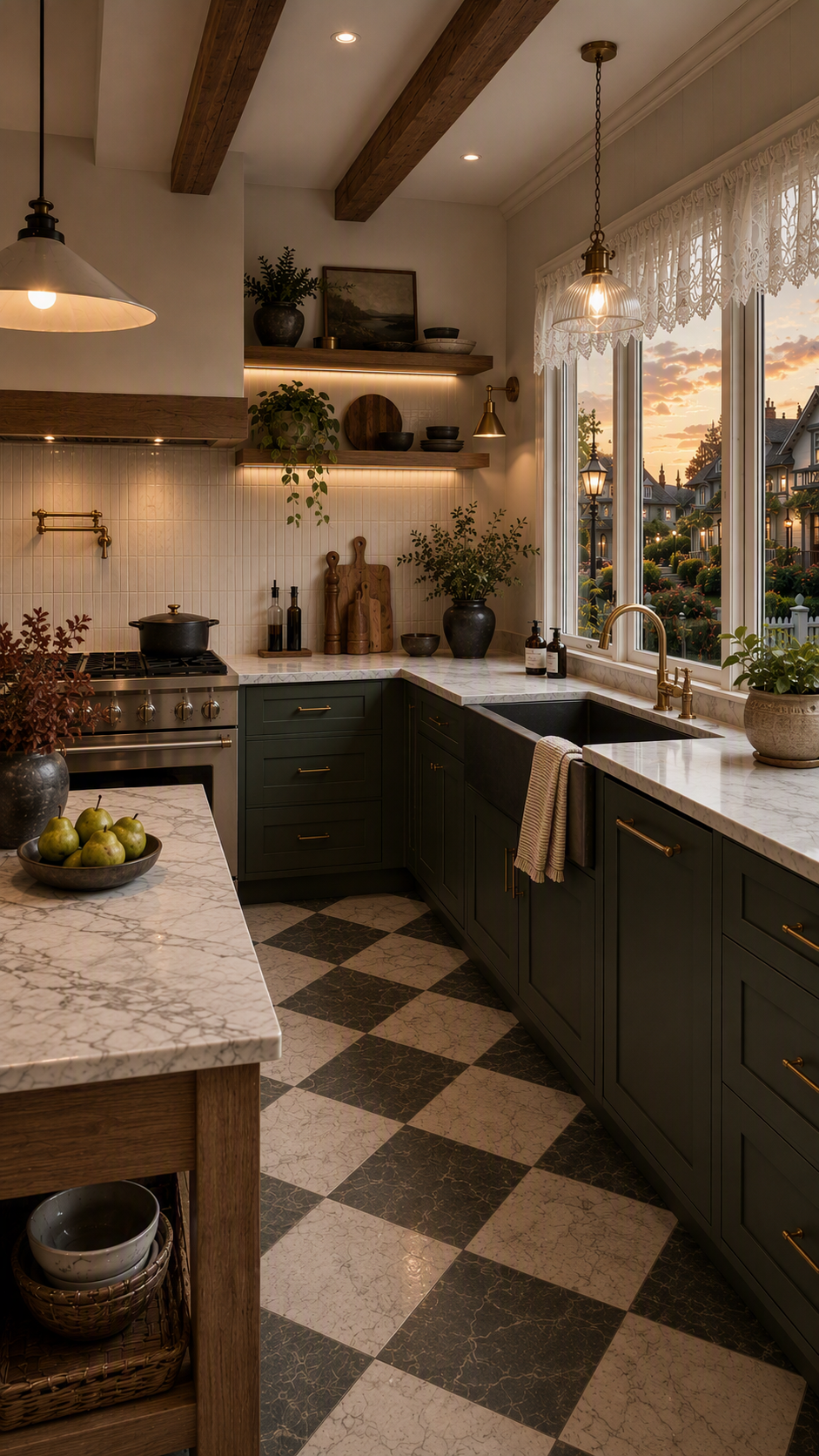A high-quality, realistic interior shot of a modern rustic kitchen with dark green cabinets, a black and white checkered marble floor, and warm ambient — kitchen peninsula ideas reference 4