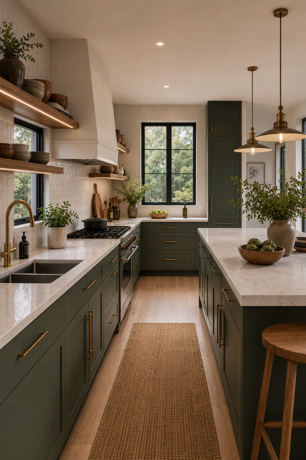 A modern, high-quality kitchen interior with deep green cabinetry, white marble countertops, and light wooden flooring — kitchen cabinet hardware ideas reference 1