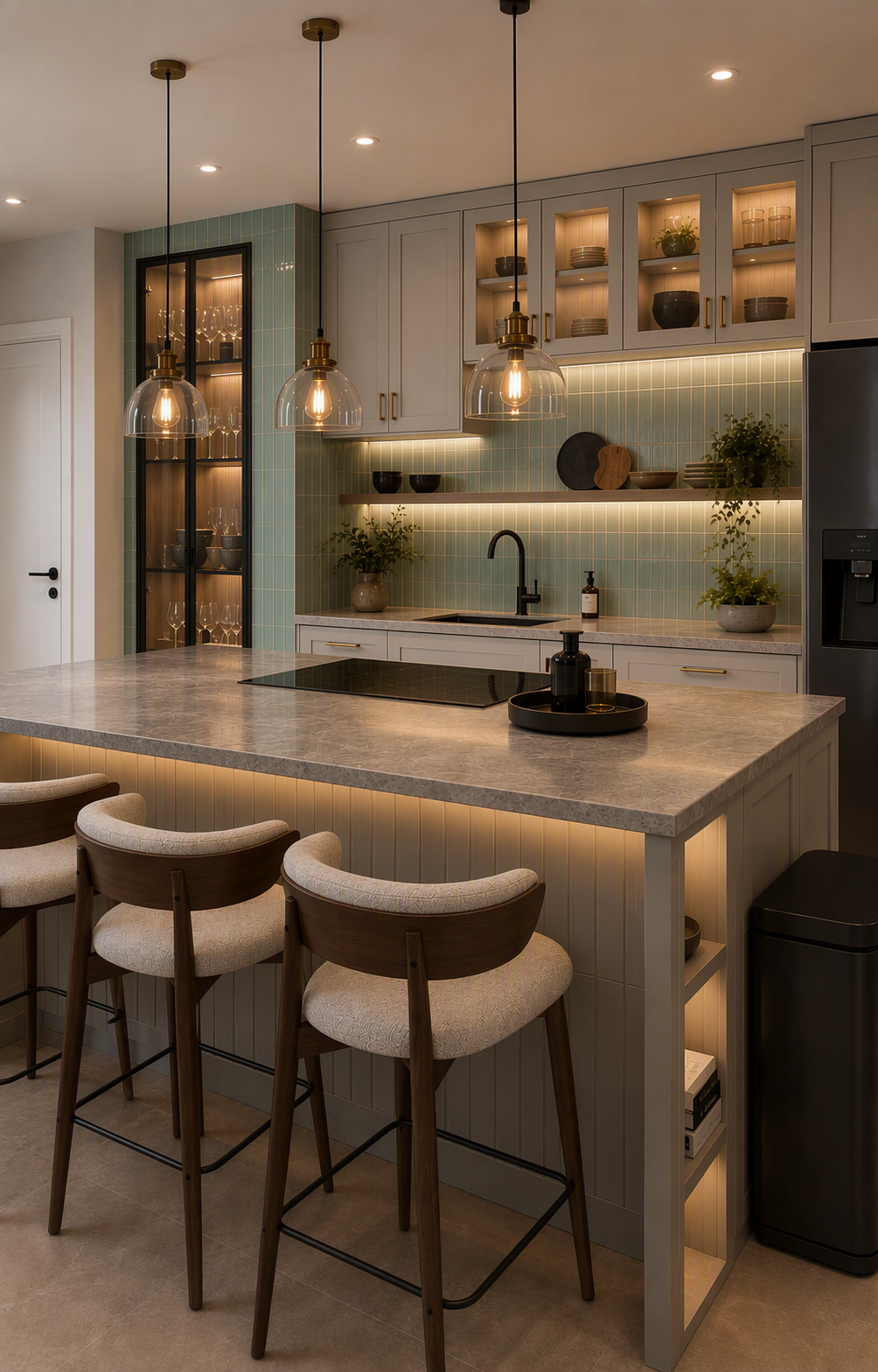A high-quality, modern kitchen interior with a central island featuring a light gray marble countertop and warm under-cabinet lighting — kitchen bar ideas reference 4