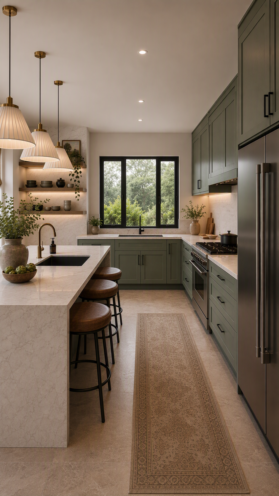 a modern kitchen with sage green cabinets, white marble countertops, and a central island with wooden bar stools, featuring pendant lights with beige — kitchen soffit ideas reference 4
