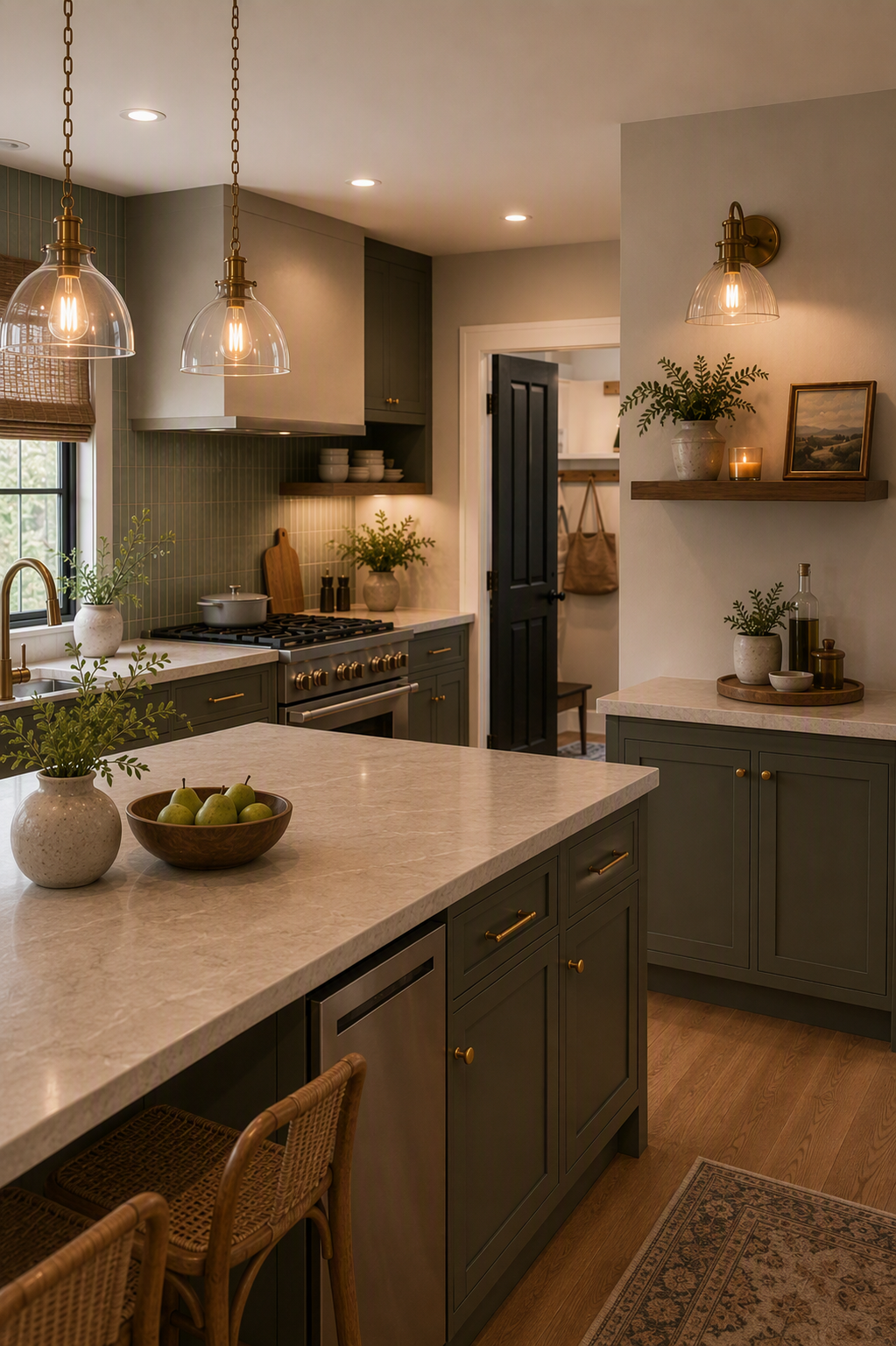 A high-quality, modern farmhouse kitchen with dark green shaker-style cabinets, light beige marble countertops, and warm wooden flooring — kitchen wall decor ideas reference 4