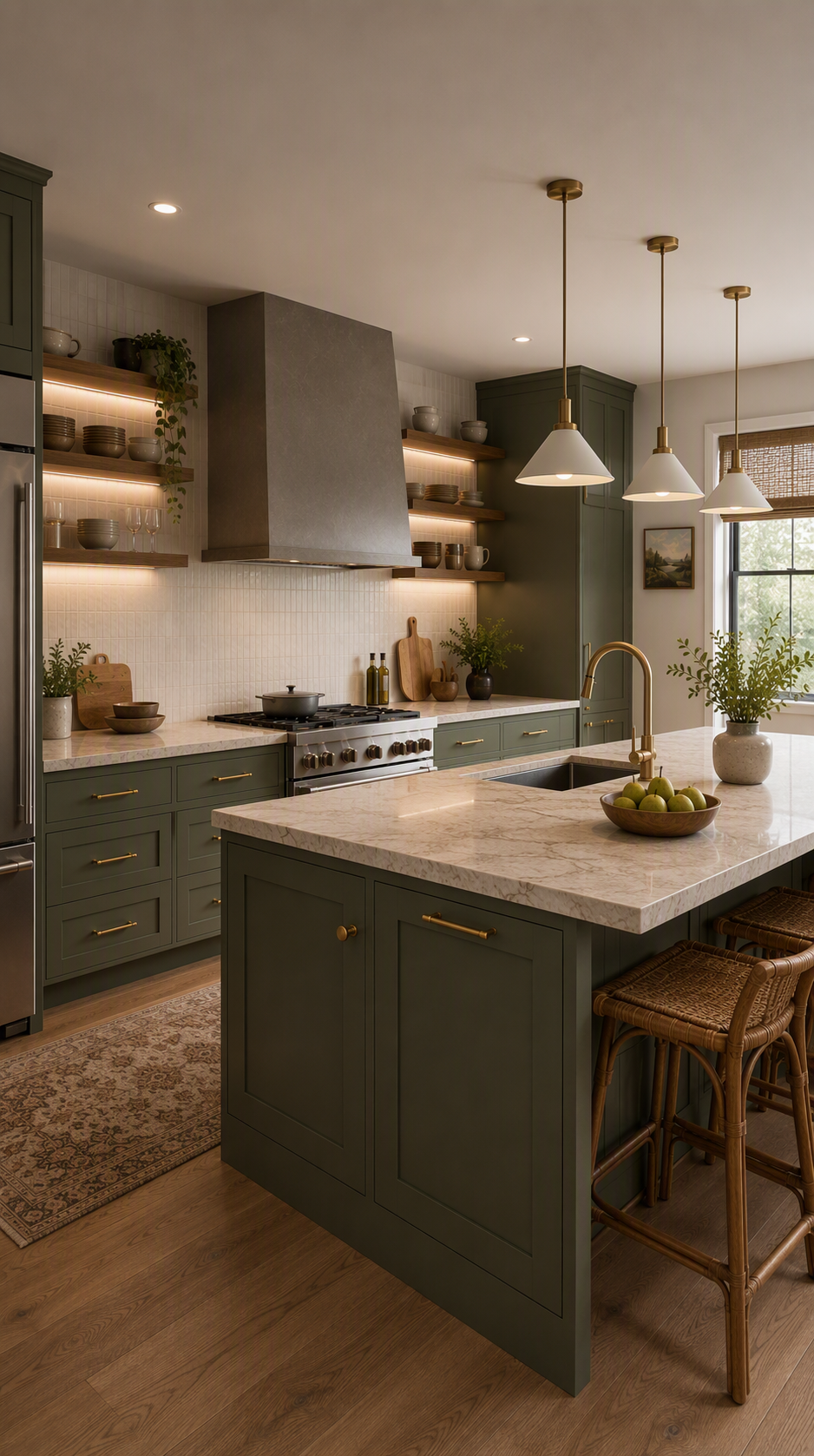 kitchen storage ideas — whole kitchens showing cabinets, drawers, open shelving or concealed storage in context