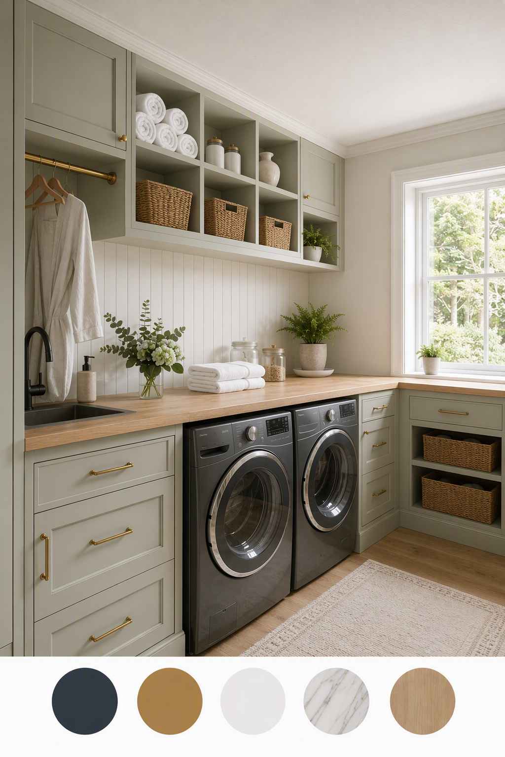 laundry room color ideas — laundry rooms where wall, cabinetry and countertop colors can be compared together