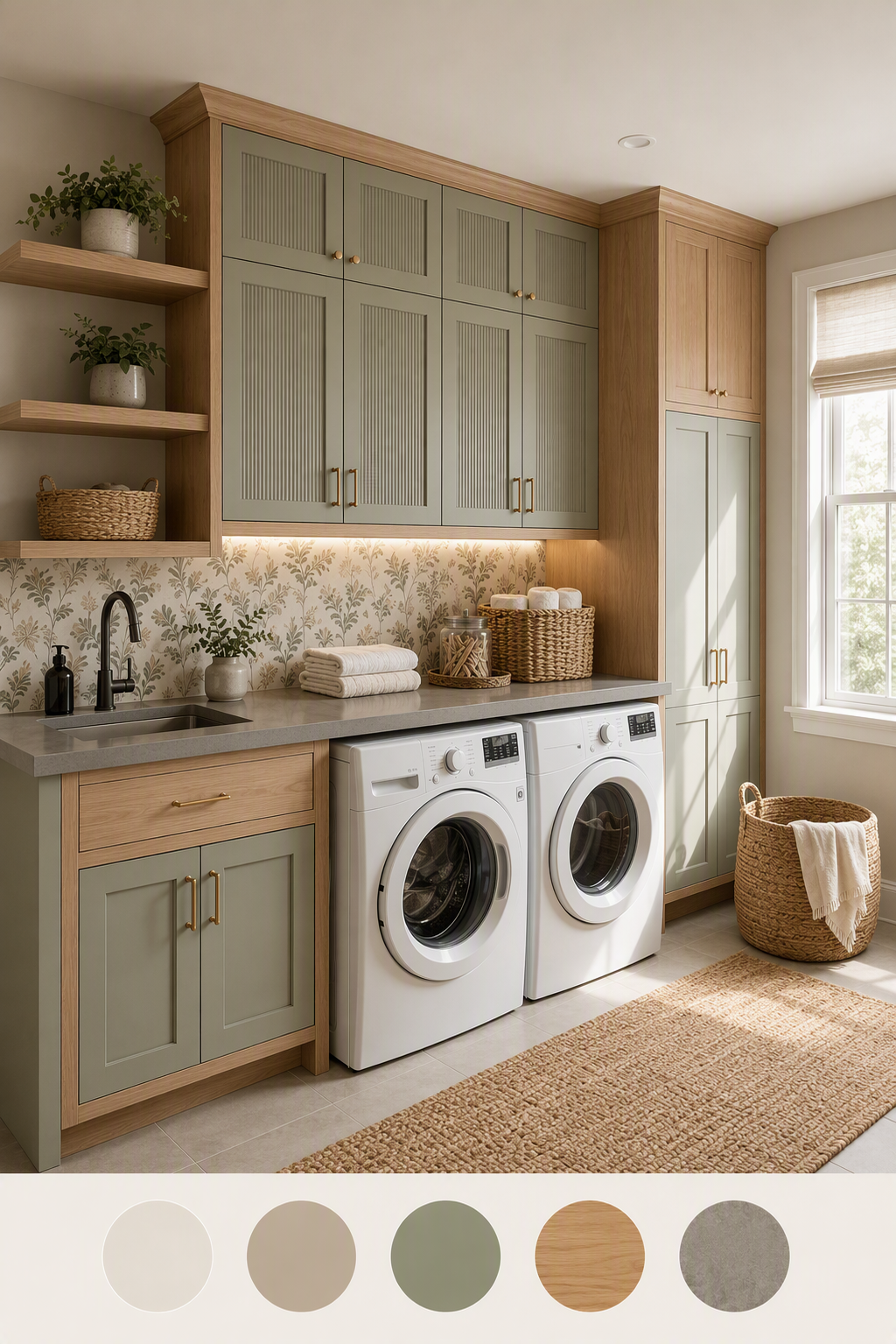 laundry room wall ideas — wall surfaces clearly visible behind or beside cabinetry and appliances