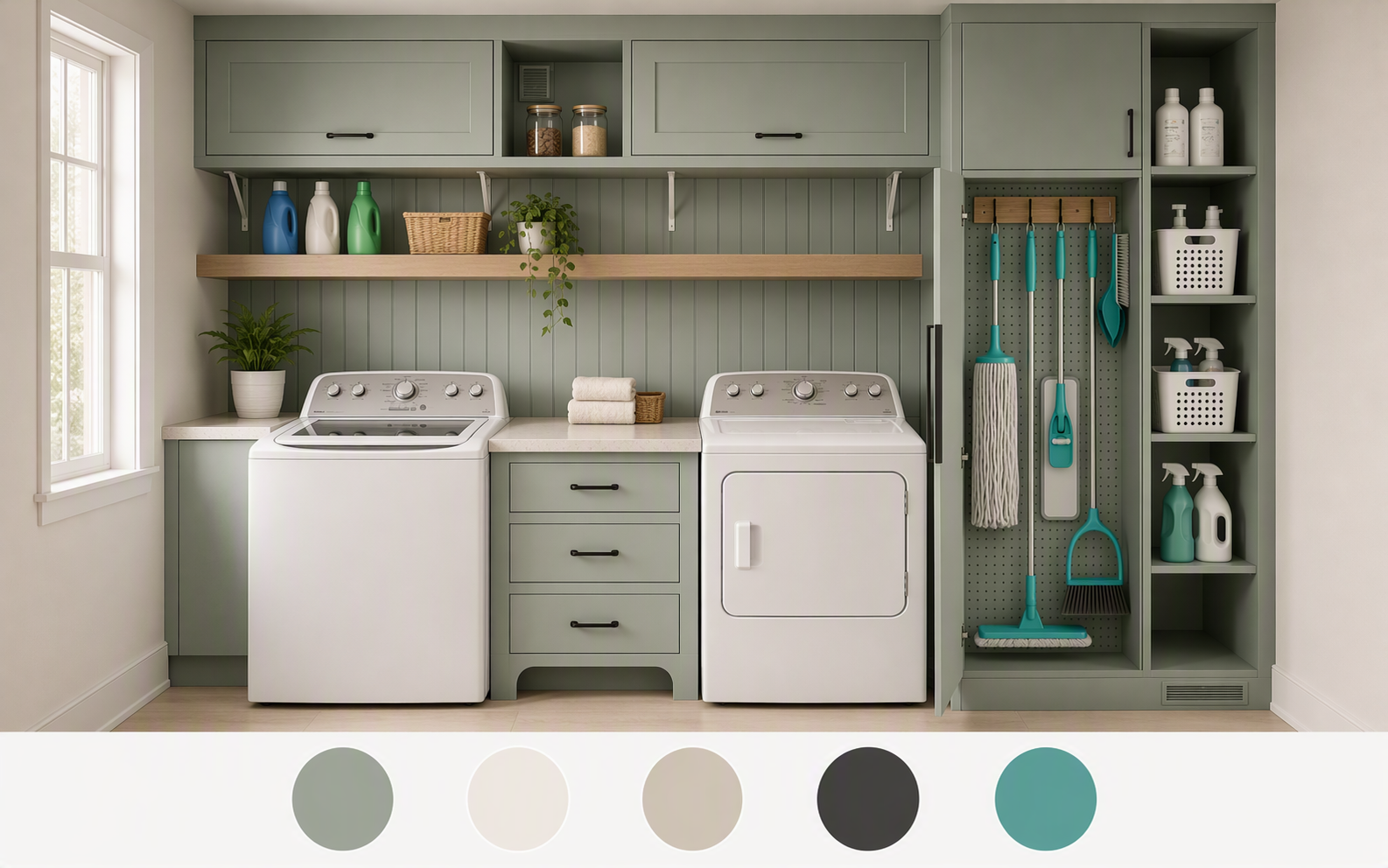 laundry room wall ideas — wall surfaces clearly visible behind or beside cabinetry and appliances