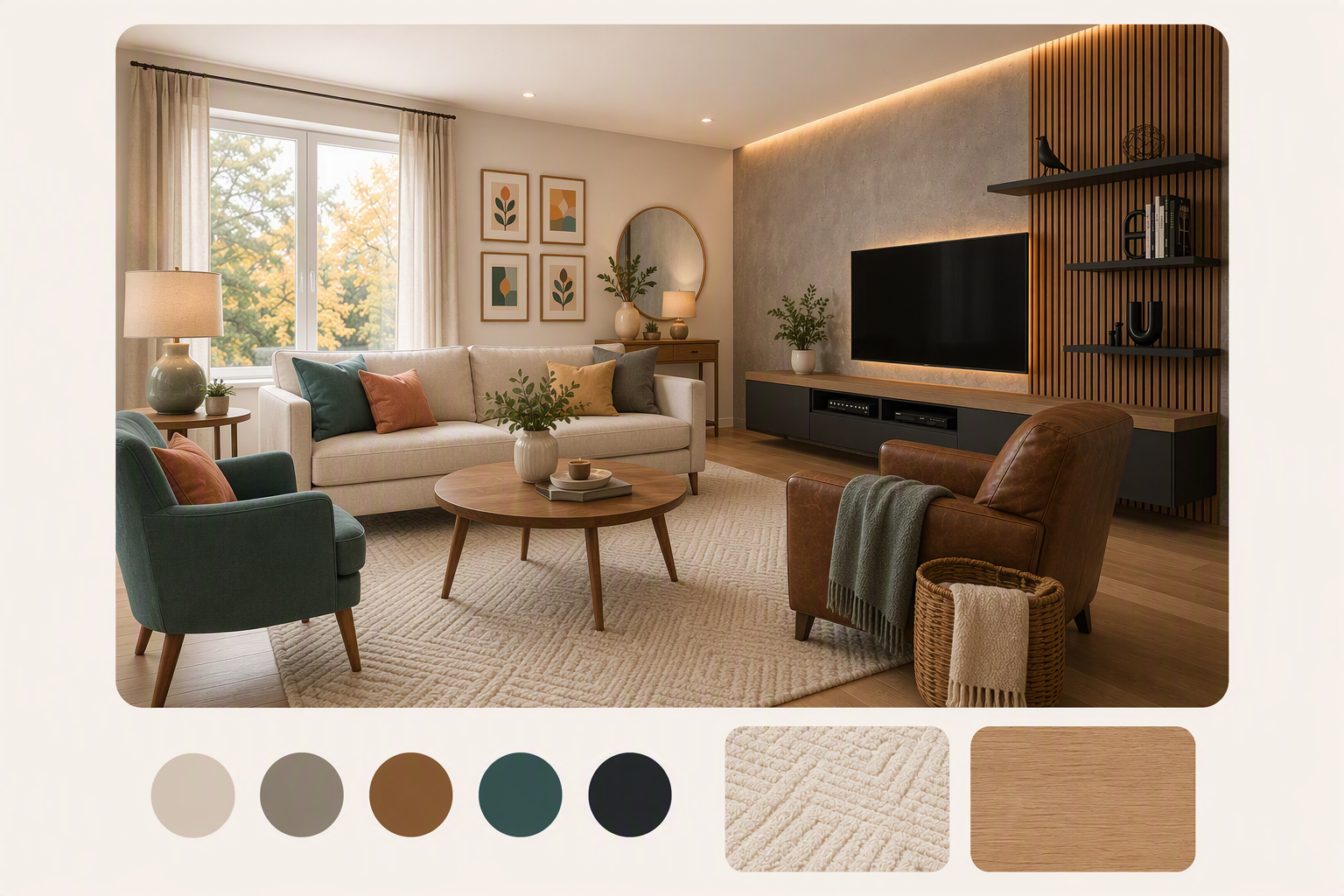 living room color ideas — whole living rooms where wall, sofa, rug and accent colors are easy to compare together
