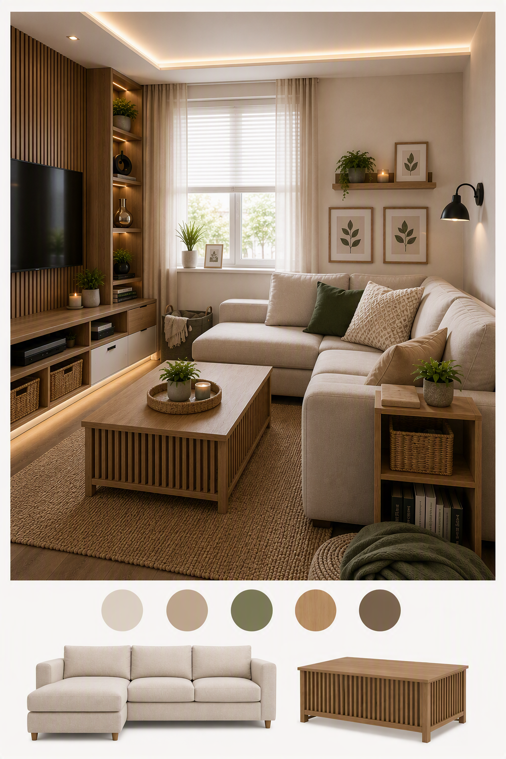 living room storage ideas — whole-room views with cabinetry, benches, media storage or concealed storage integrated into the room