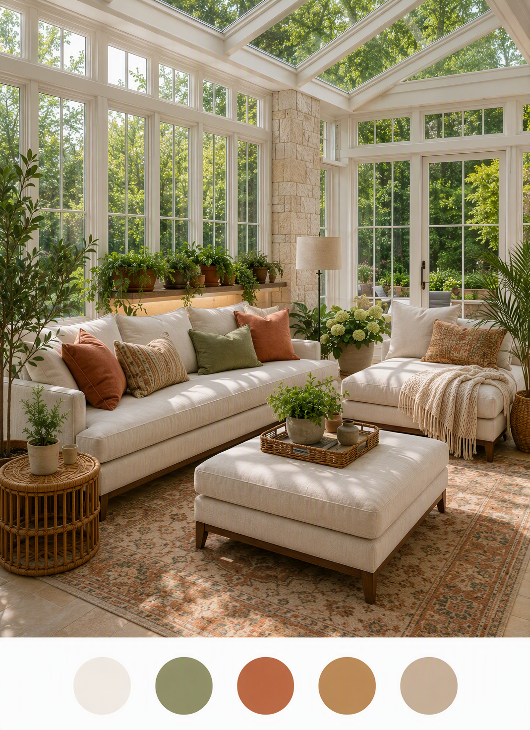 sunroom furniture ideas — sunrooms with furniture scale, seating arrangement and glazing clearly visible