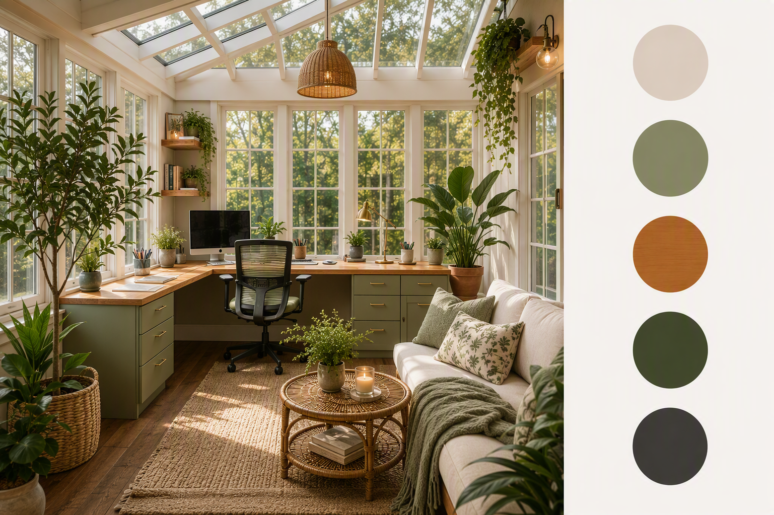 sunroom office ideas — sunroom clearly used as an office with desk, chair, storage and window relationship visible
