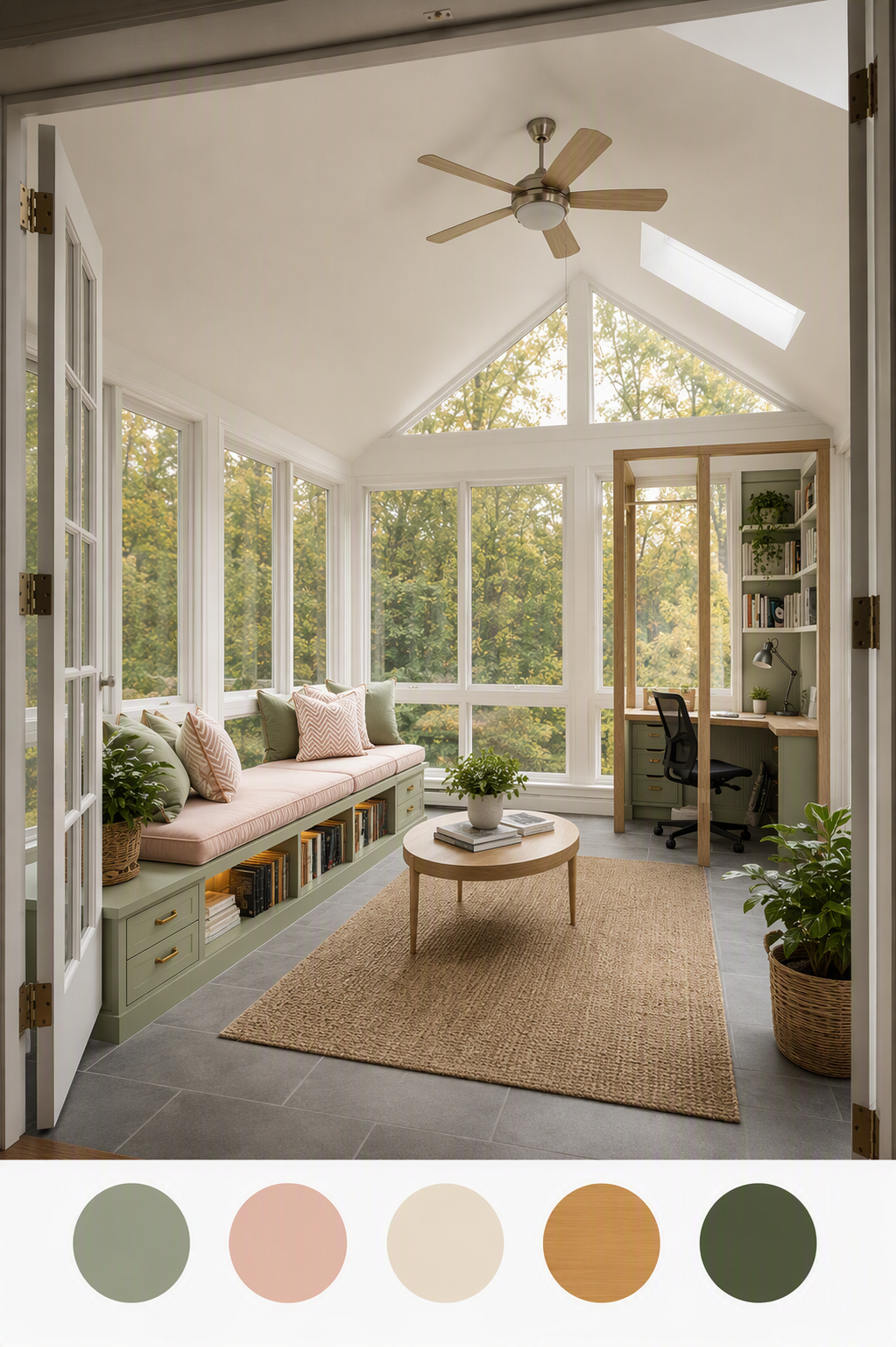 sunroom office ideas — sunroom clearly used as an office with desk, chair, storage and window relationship visible