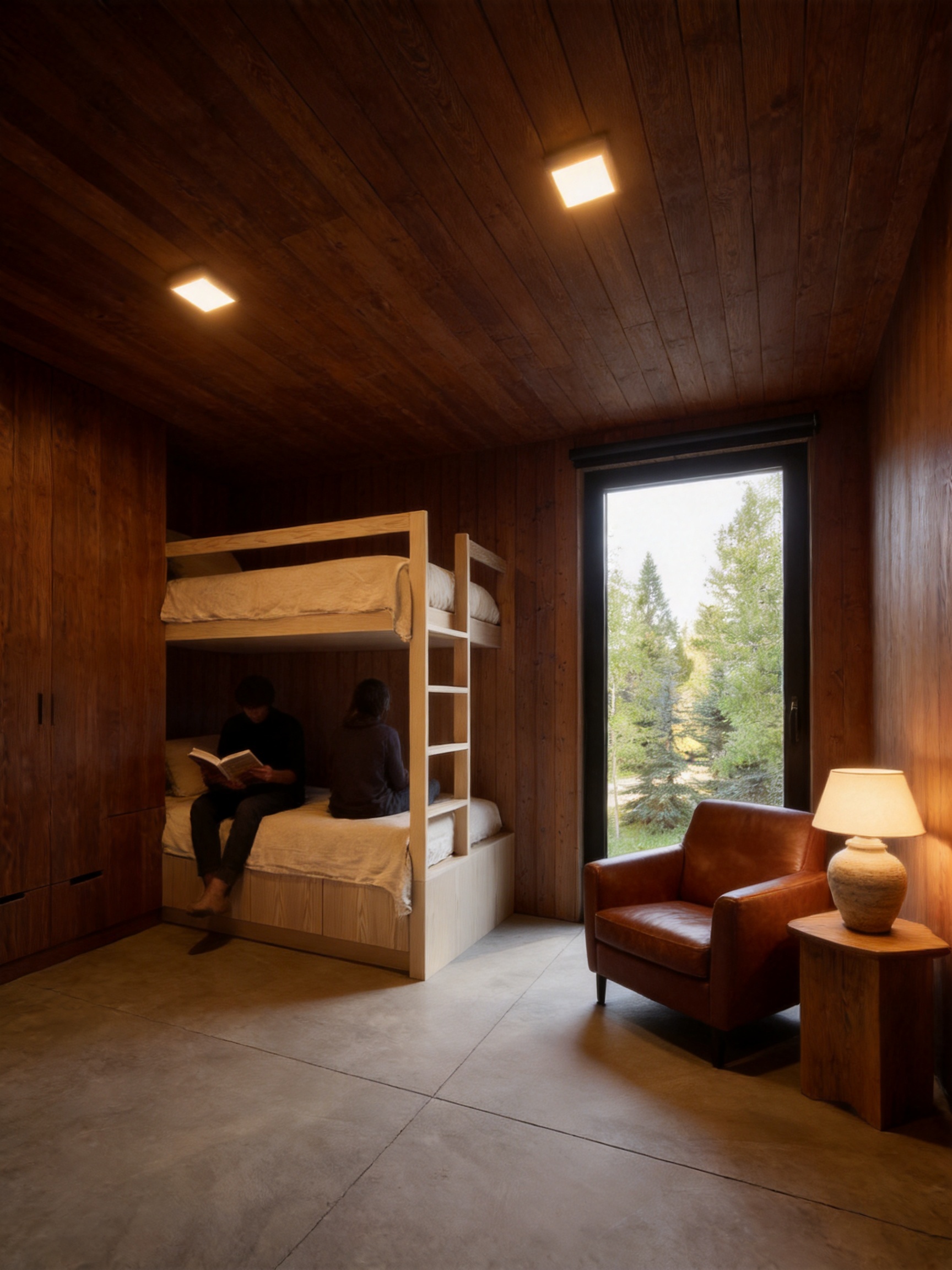 Modern minimalist wooden cabin bedroom with warm wood paneling on walls and ceiling, recessed ceiling lights emitting soft glow, light wooden bunk bed — rustic bedroom ideas reference 3