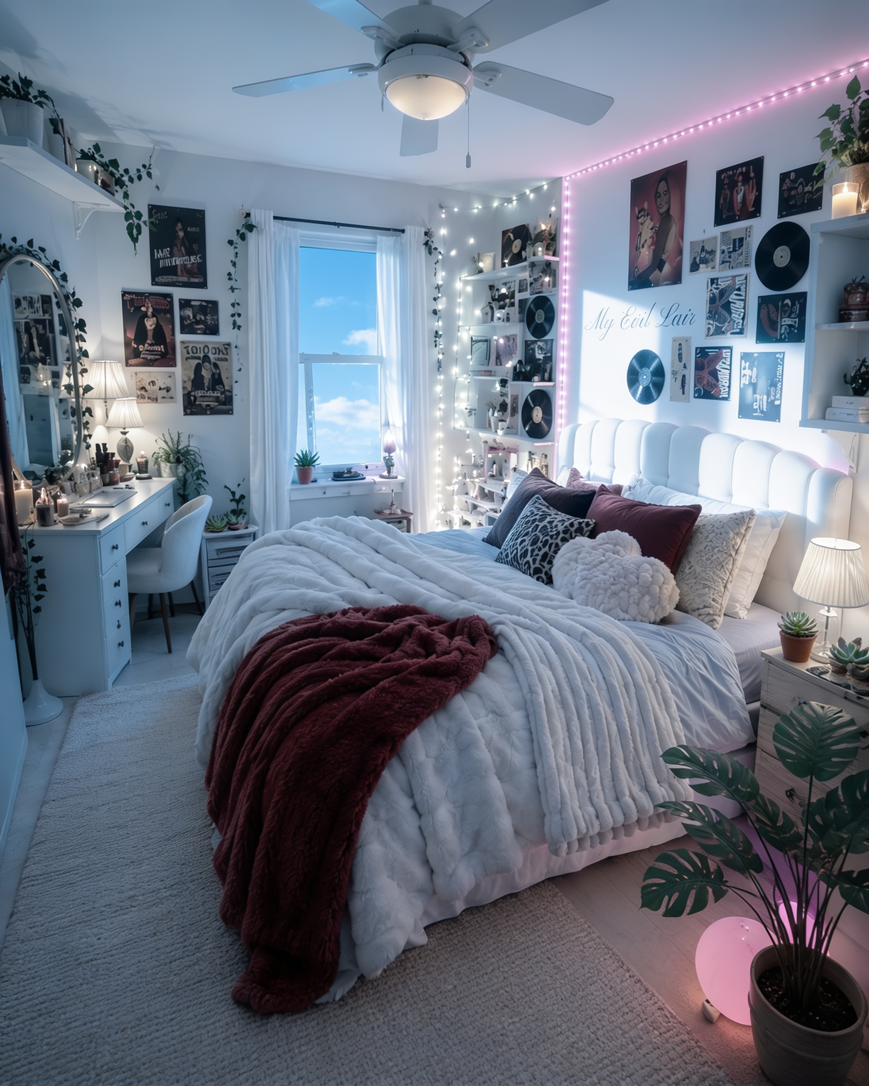 A high-quality, ultra-detailed, realistic bedroom interior with a cozy, modern, and slightly bohemian aesthetic — boho bedroom ideas reference 2