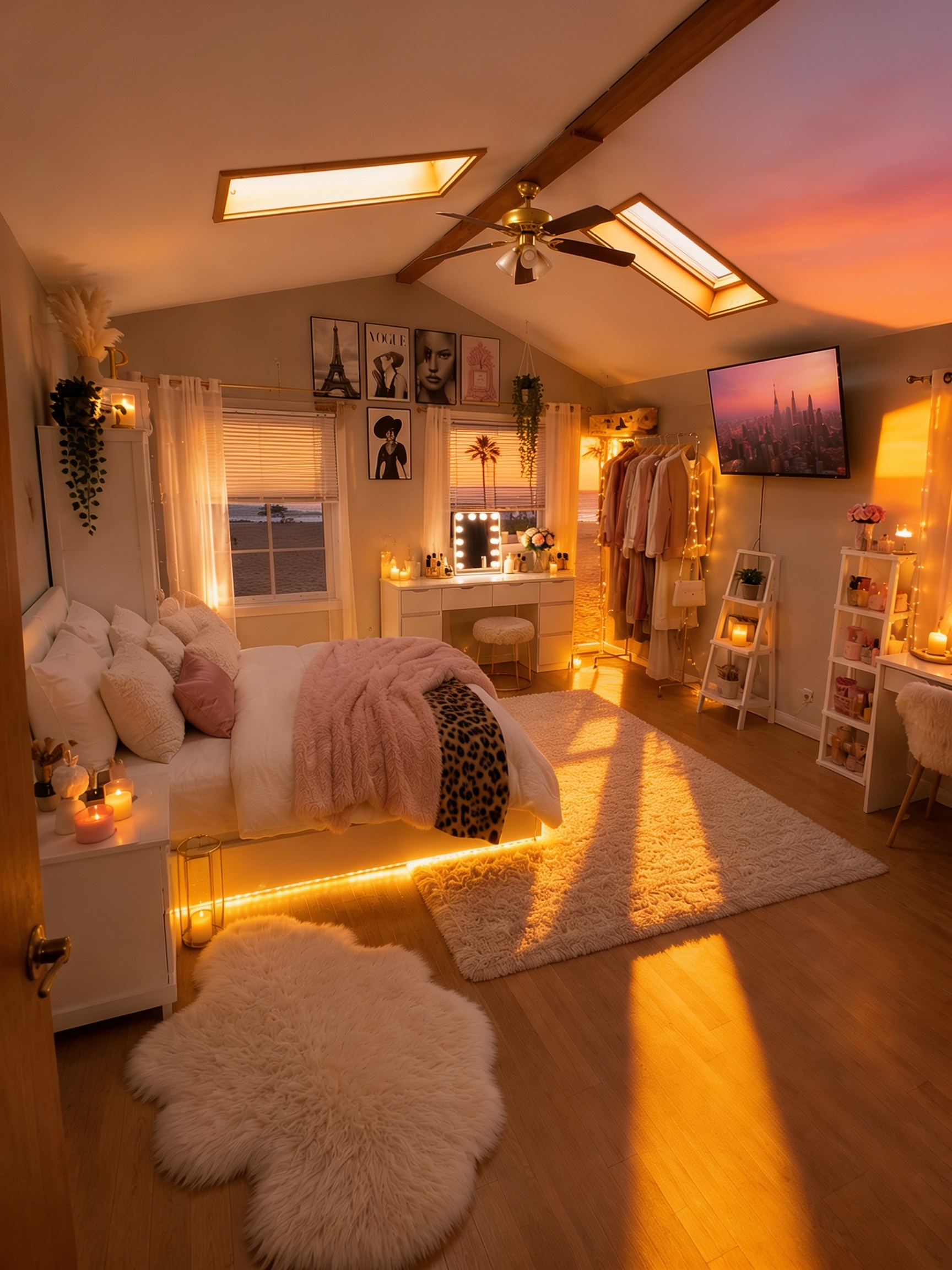 A cozy, stylish bedroom with a slanted ceiling featuring two skylights and a ceiling fan, bathed in warm, golden-hour sunlight streaming through windows — attic bedroom ideas reference 2