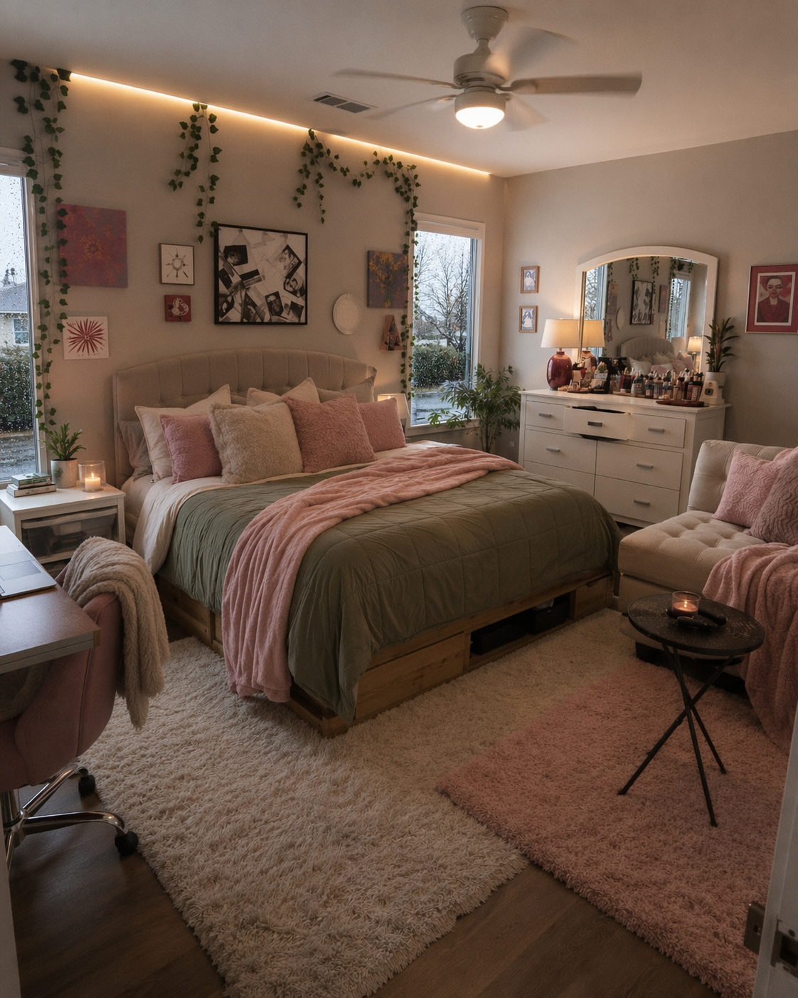 A cozy, high-quality bedroom nestled within a dense forest at dusk, featuring a large bed with green and pink bedding, a white tufted ottoman, a wooden — boho bedroom ideas reference 4