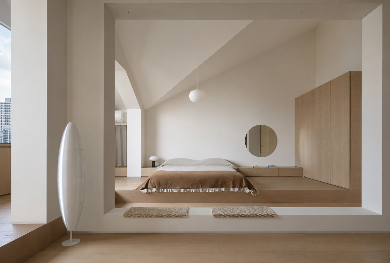 a minimalist bedroom with a raised wooden platform, featuring a low-profile bed with a brown textured blanket, a circular mirror on the wall, and a sleek — attic bedroom ideas reference 3