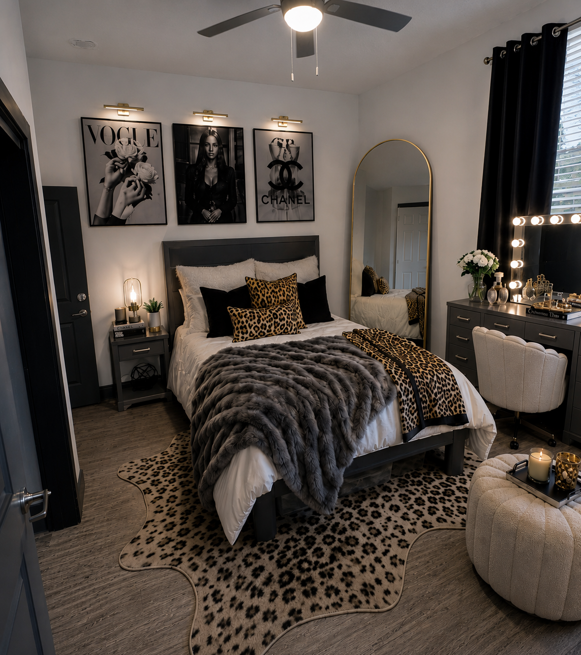 A high-quality, modern luxury bedroom with a bold leopard print theme — bedroom curtain ideas reference 1