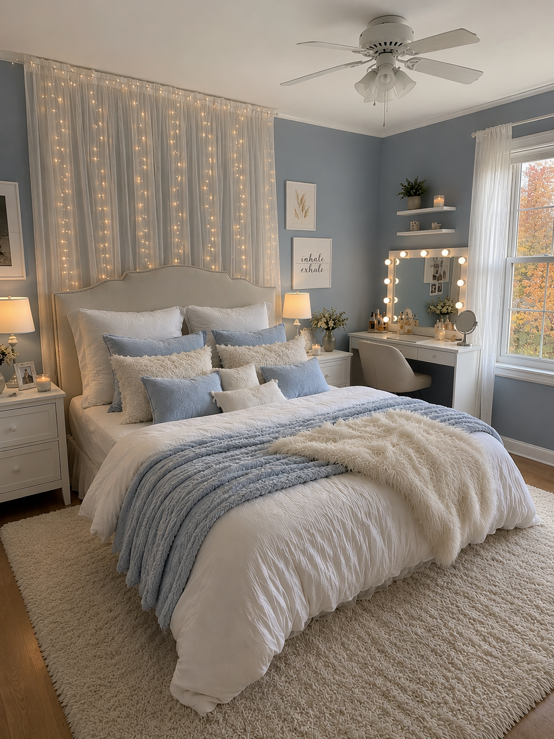 A high-quality, cozy bedroom with soft blue walls, a large bed centered under a curtain of warm fairy lights, featuring layered bedding in white and blue — bedroom curtain ideas reference 3