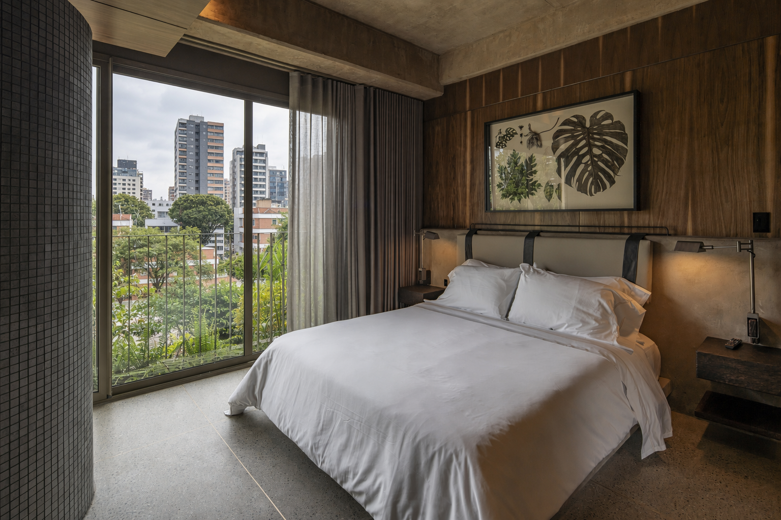A high-quality, modern hotel bedroom with a large bed covered in crisp white linens, positioned against a warm-toned wooden wall featuring a framed — guest bedroom ideas reference 1