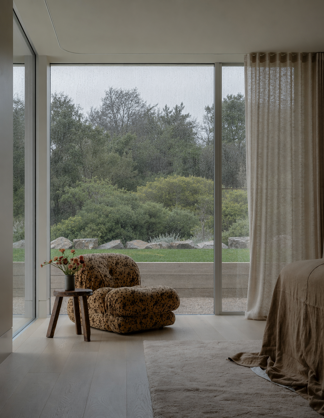 A high-quality interior scene of a modern minimalist bedroom with large floor-to-ceiling glass windows framing a lush green forest view; inside, a plush — bedroom curtain ideas reference 2