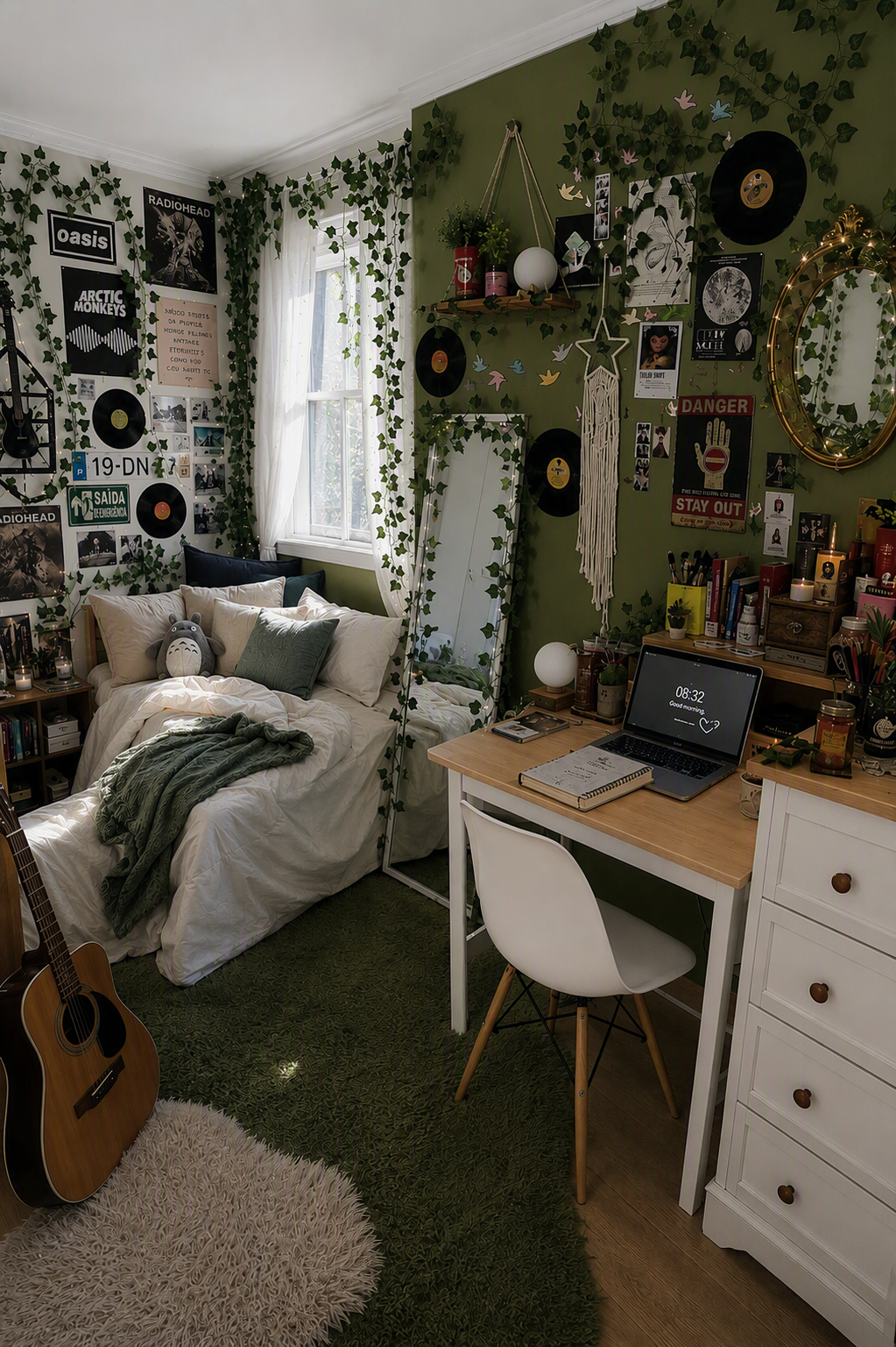 A cozy, stylish teen bedroom with a green wall adorned with hanging ivy, vinyl records, posters, and decorative items — teen bedroom ideas reference 1