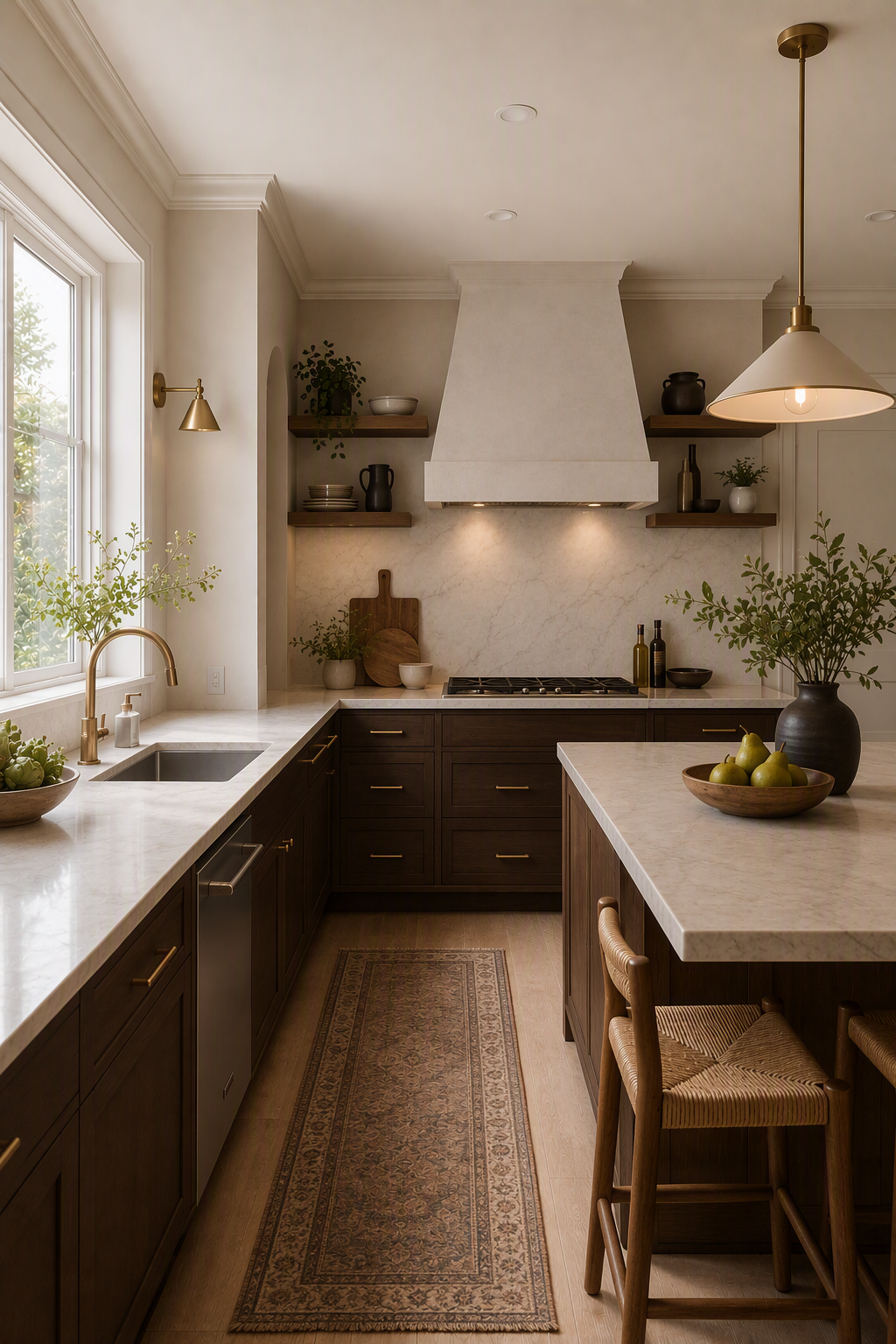 A high-quality, modern farmhouse kitchen with warm ambient lighting, featuring dark wood cabinetry, light marble countertops, and a central island with — breakfast nook ideas reference 3