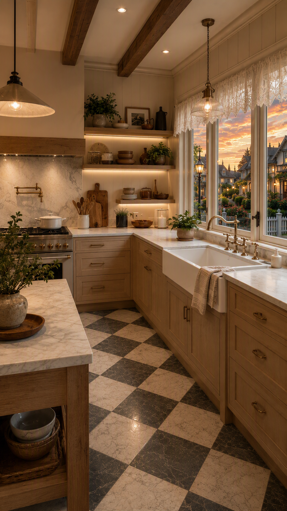 A high-quality, rustic-chic kitchen interior at sunset, featuring light wooden cabinets with natural wood grain, a black and white marble checkered floor — farmhouse kitchen ideas reference 3