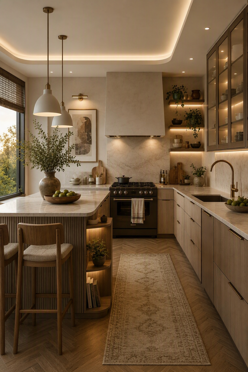 A high-quality, modern rustic kitchen interior with warm ambient lighting, featuring a central island with wooden bar stools, light wood cabinetry, a — kitchen soffit ideas reference 2