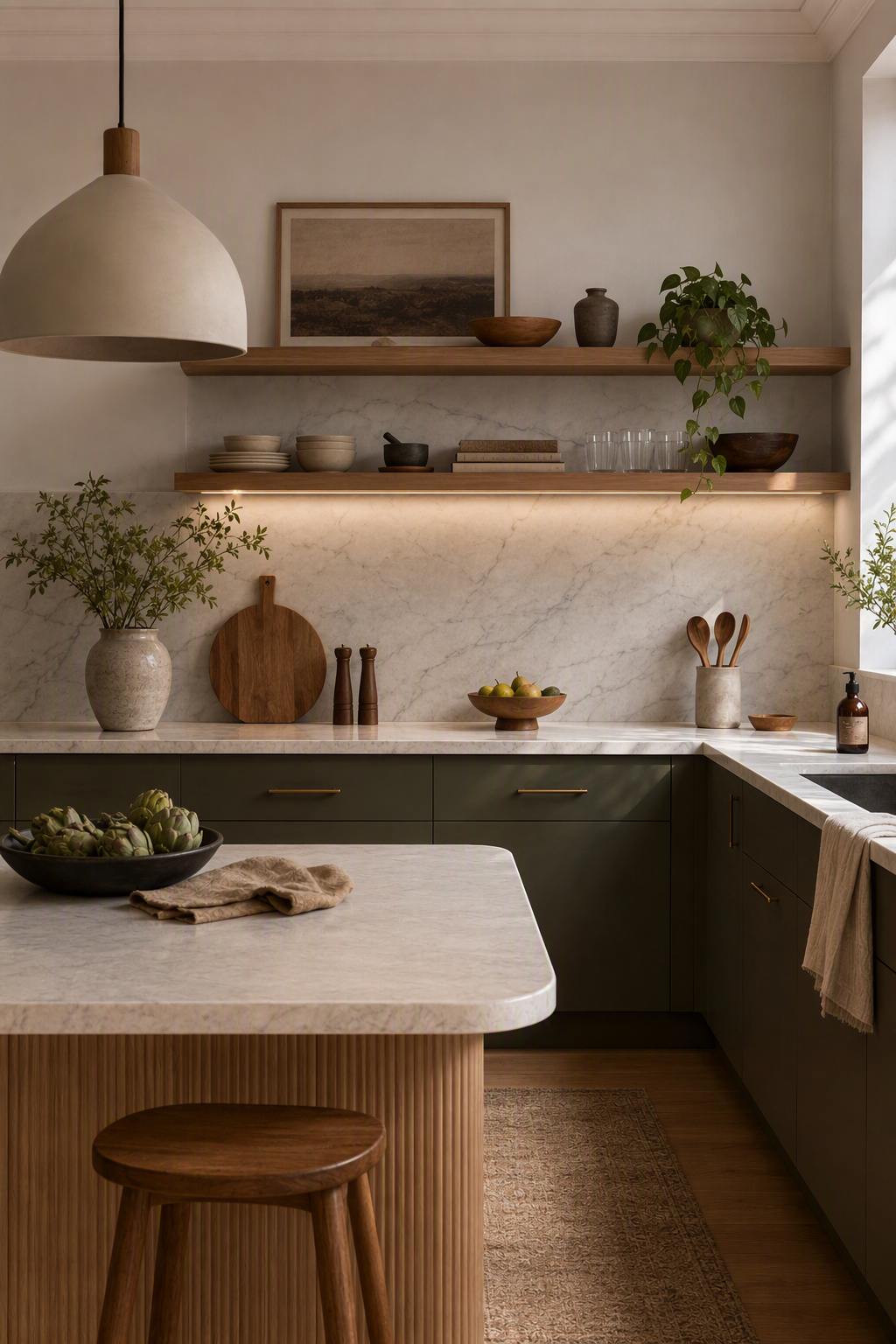 A high-quality, minimalist modern kitchen with warm ambient lighting, featuring olive green cabinets, white marble countertops and backsplash, wooden — u shaped kitchen ideas reference 4