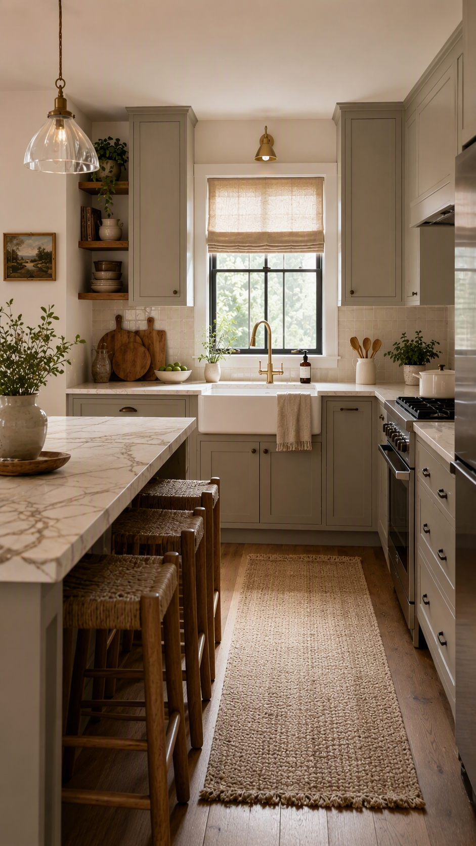 A high-quality, realistic photograph of a modern farmhouse-style kitchen with light gray cabinets, a white marble island countertop, and warm wooden floors — farmhouse kitchen ideas reference 2