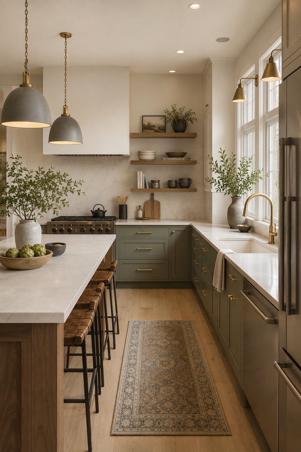 A high-quality, modern farmhouse kitchen with a long central island and U-shaped cabinetry in soft sage green, featuring white quartz countertops, warm — kitchen wall decor ideas reference 3