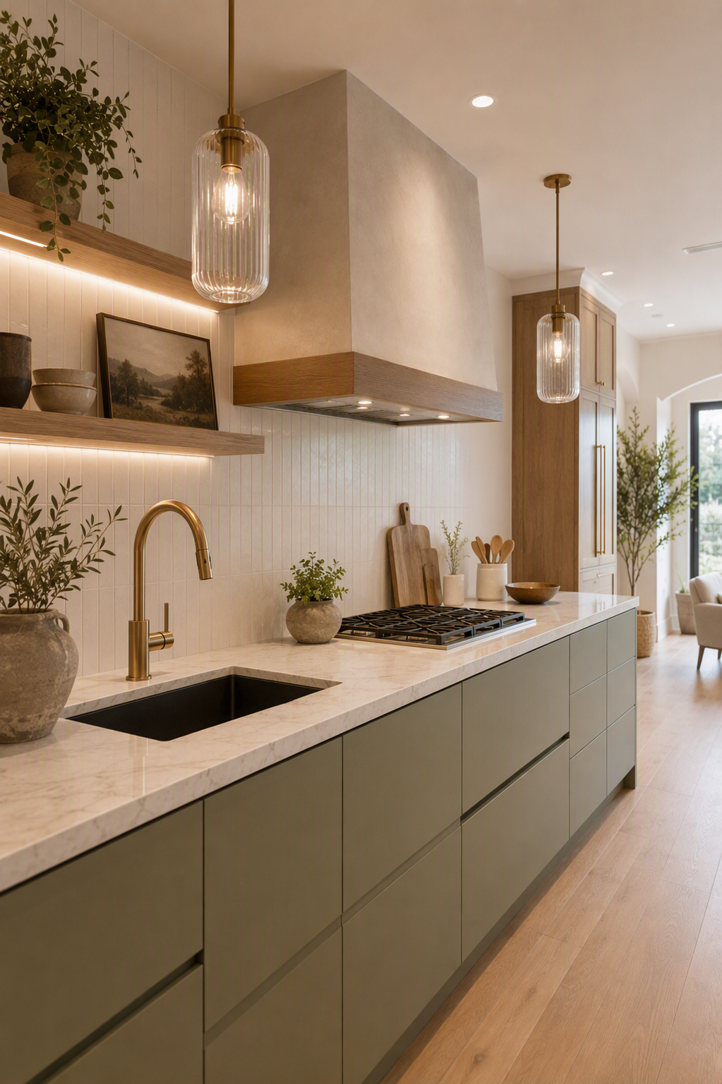 A modern, high-end kitchen with minimalist design, featuring sleek sage green cabinets, a light beige marble countertop, and a black integrated sink with — kitchen hood ideas reference 1