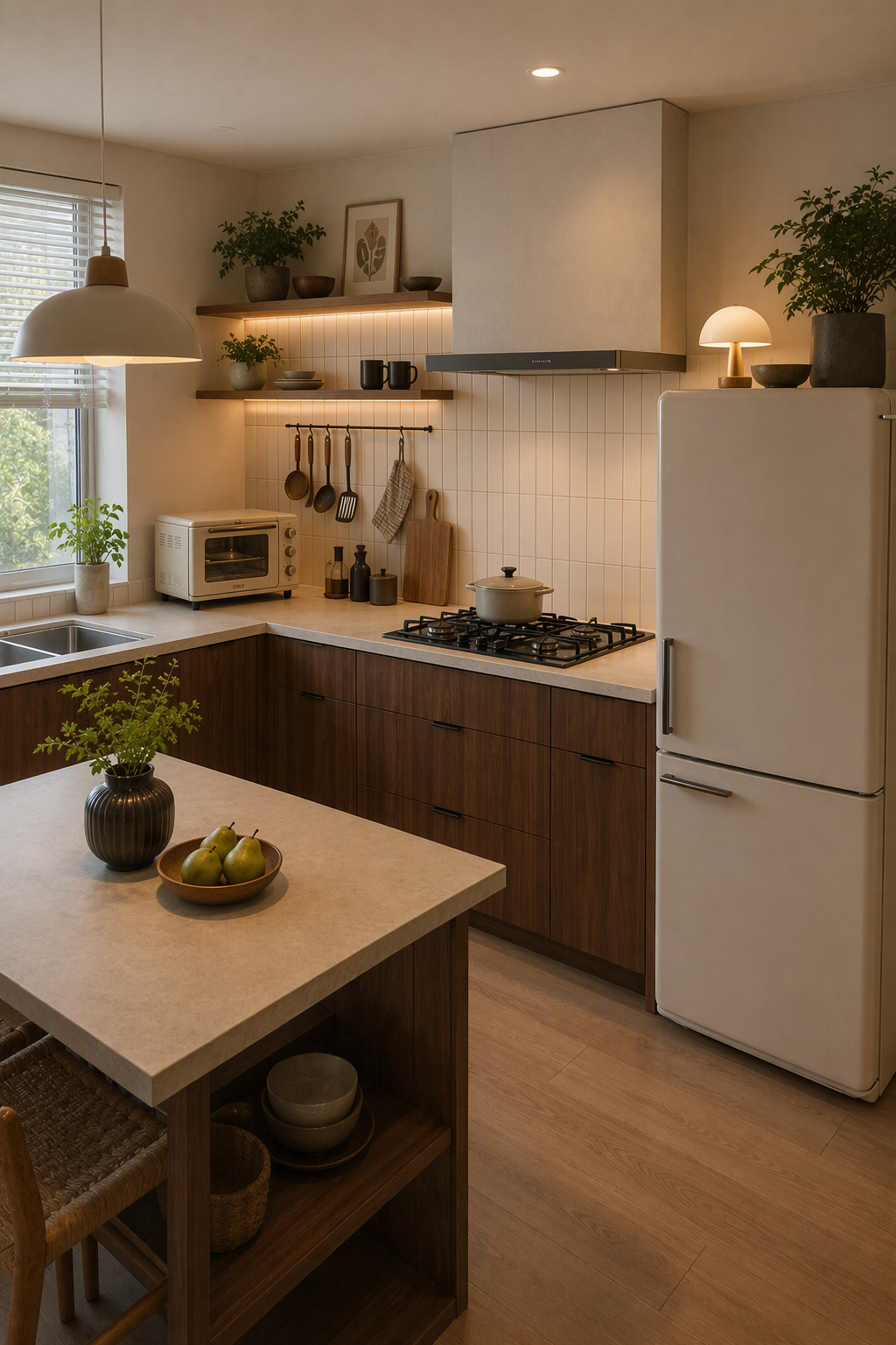A modern, minimalist kitchen with warm ambient lighting, featuring dark wood cabinets, white countertops, and a white refrigerator — kitchen peninsula ideas reference 2