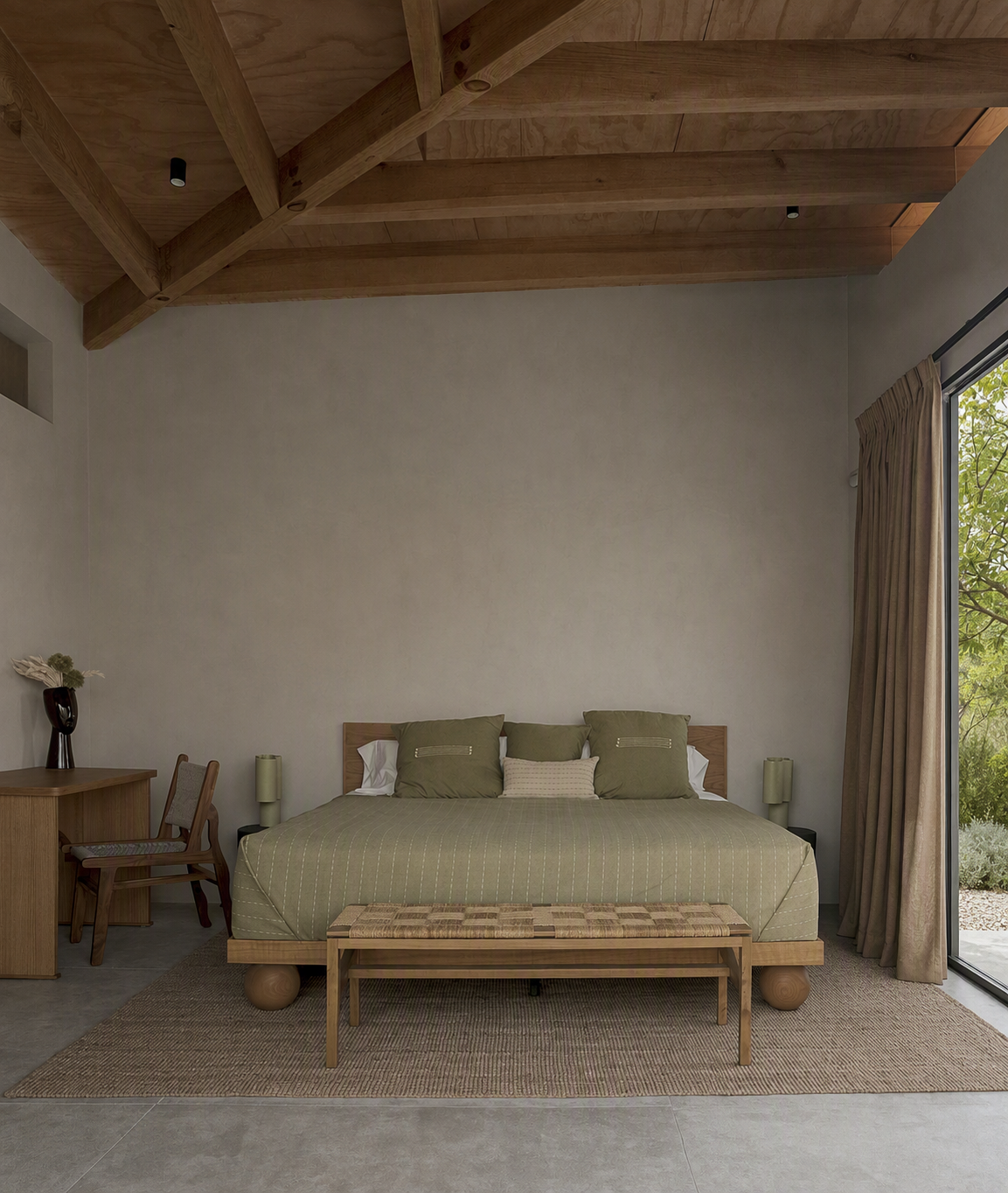 A high-quality English image generation prompt: A serene and minimalist bedroom featuring a wooden bed with olive green bedding, positioned under a — rustic bedroom ideas reference 2