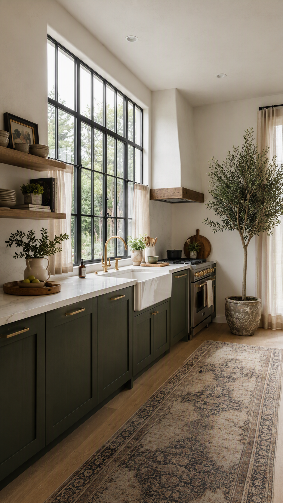 A high-quality, modern rustic kitchen with deep sage green cabinets, white marble countertops, and a large farmhouse sink with a brass faucet — farmhouse kitchen ideas reference 1