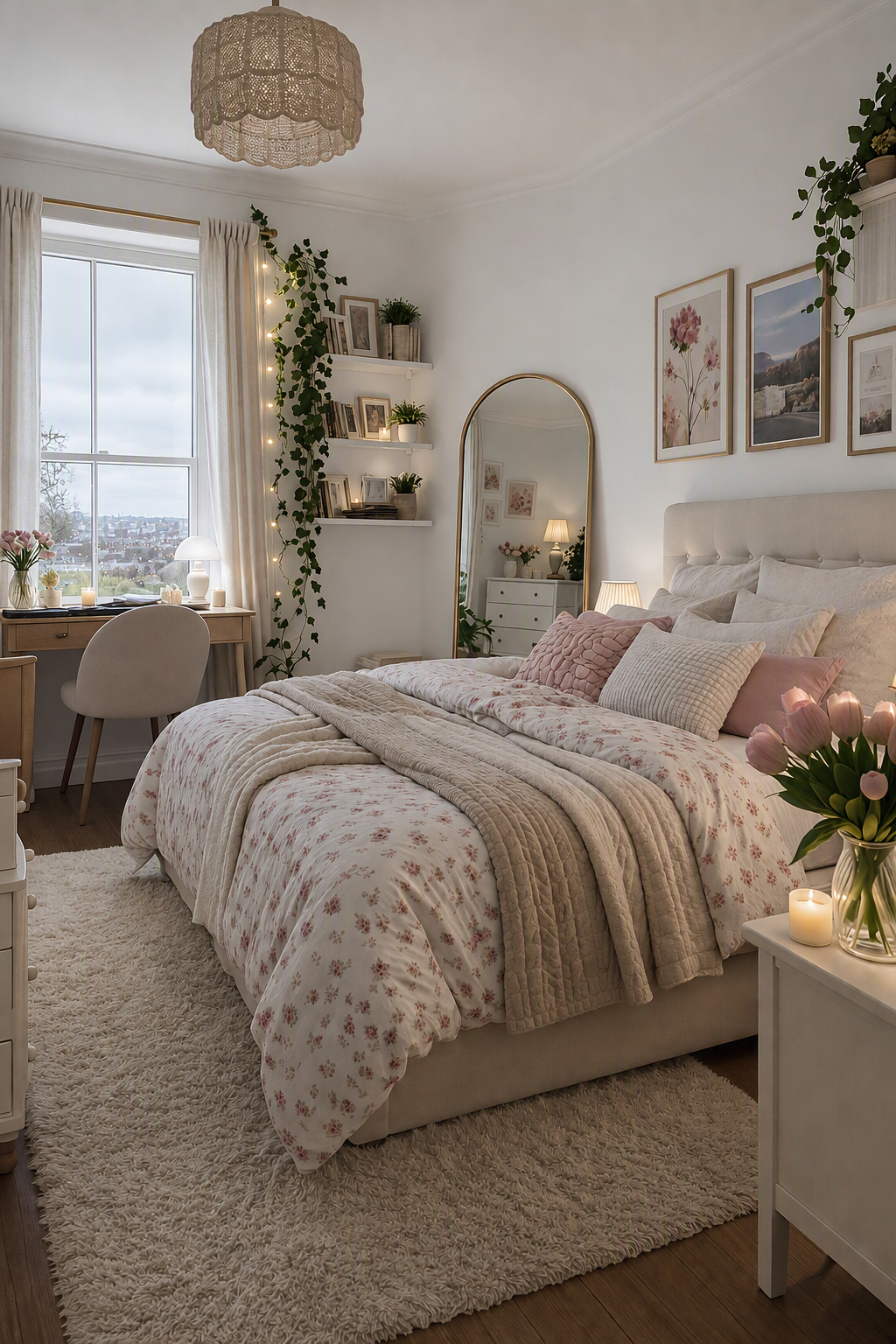 A cozy, high-quality bedroom interior with a large bed adorned with a floral-patterned duvet and soft pink and beige pillows, set on a fluffy white rug — farmhouse bedroom ideas reference 4